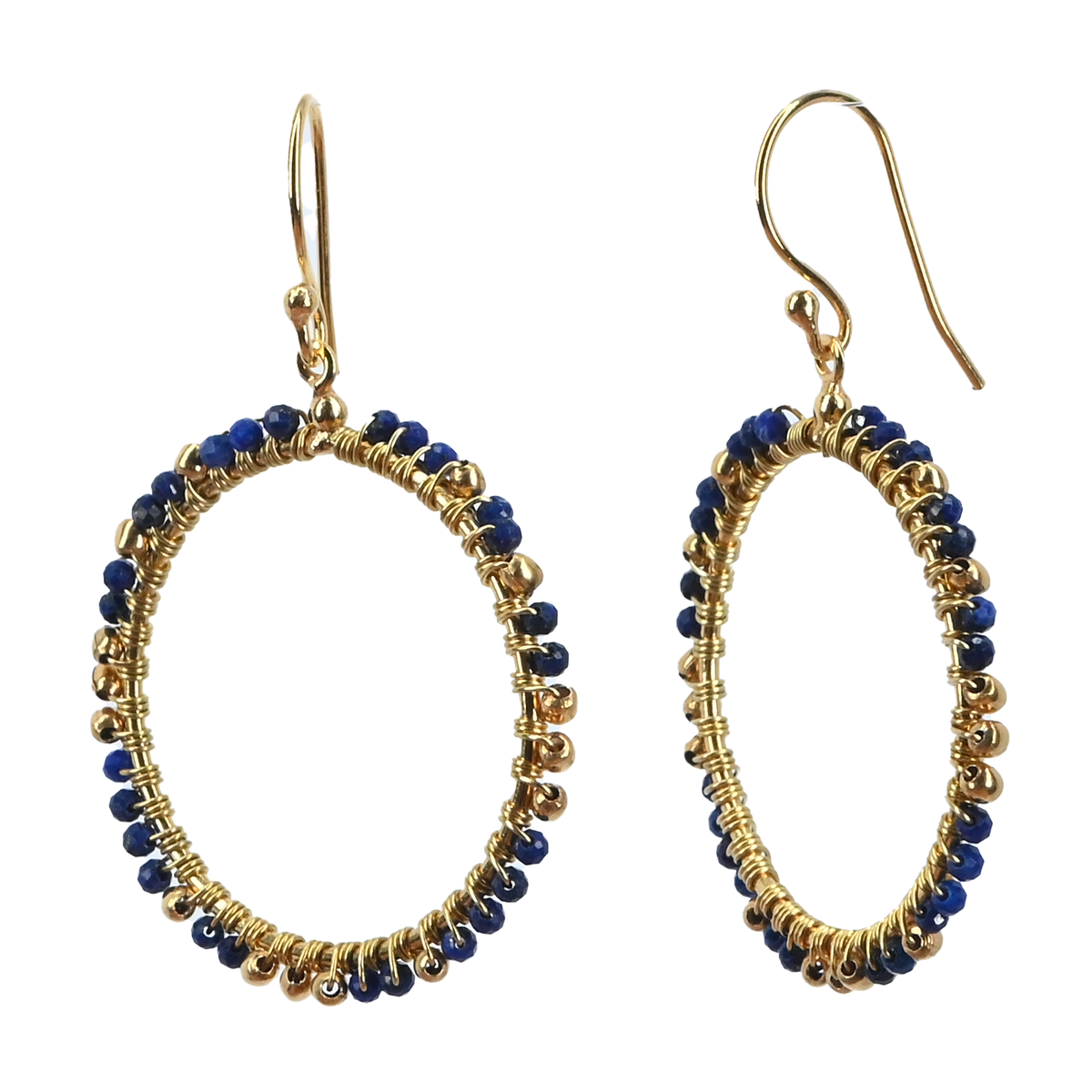 Gold hoop earrings wire-wrapped with deep blue lapis beads