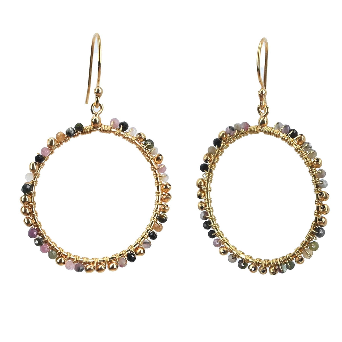 Gold hoop earrings wire-wrapped with mixed pink, grey and green tourmaline beads