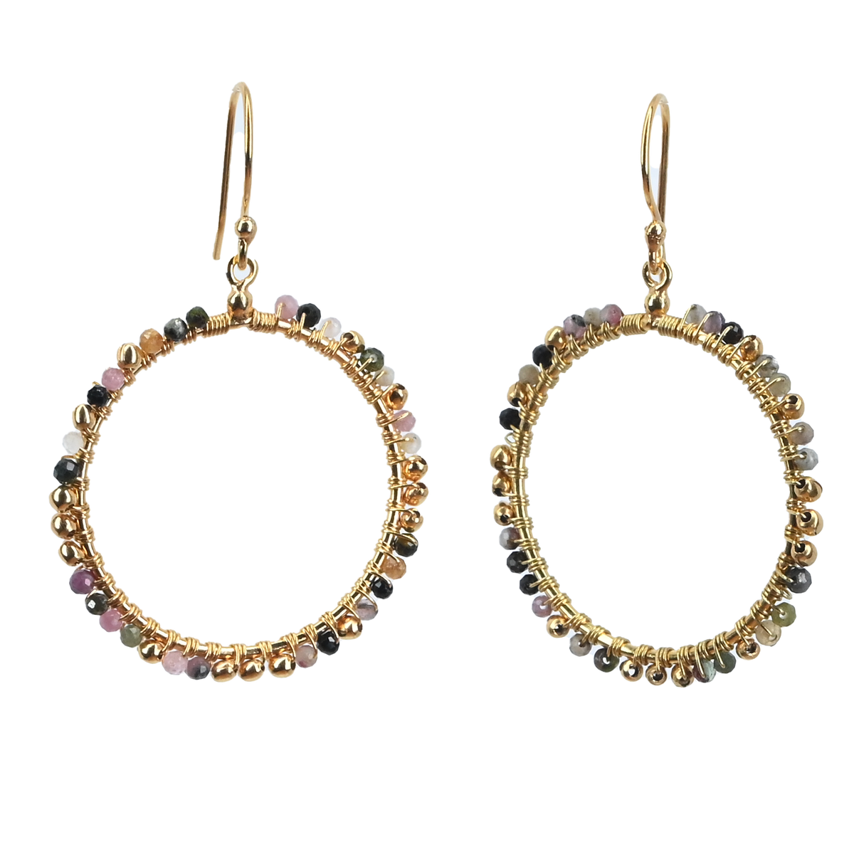 Gold hoop earrings wire-wrapped with mixed pink, grey and green tourmaline beads