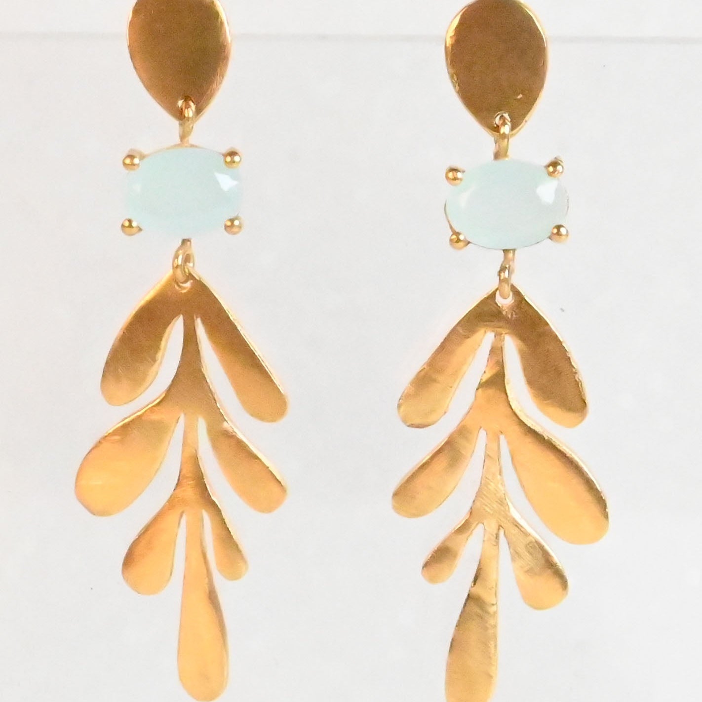 Euro Gold leaf drop earrings with pale aqua oval gems and stud tops