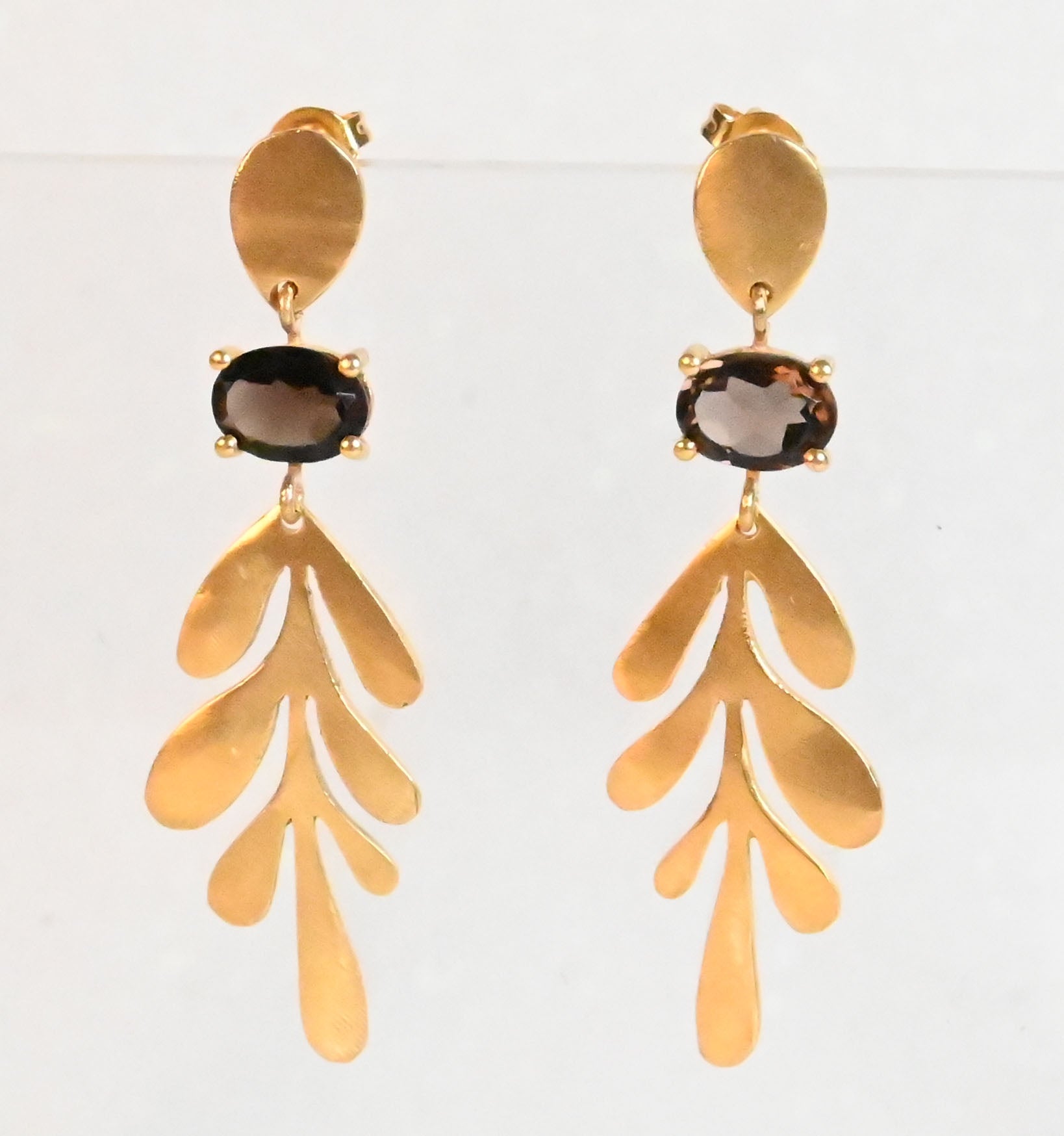 Euro Gold leaf drop earrings with smoky quartz oval gems