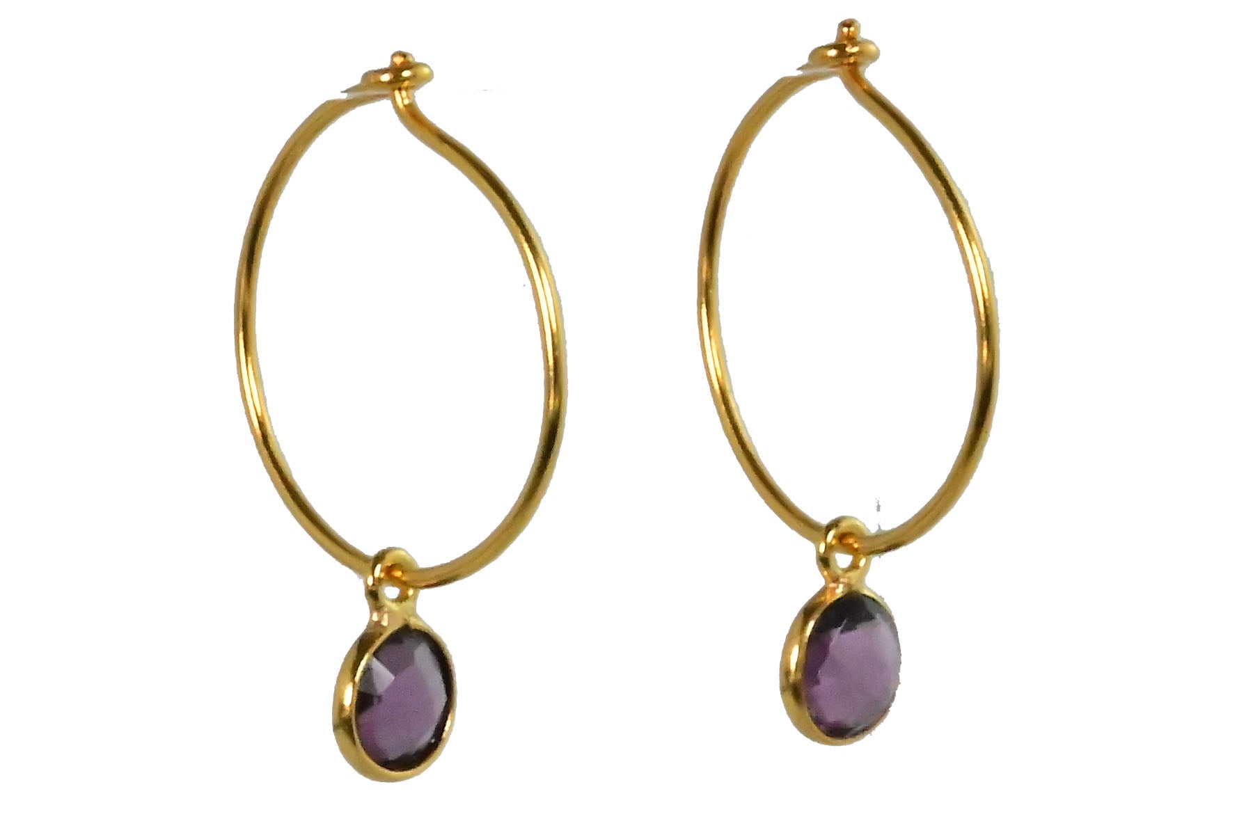 Euro Gold hoop earrings with a faceted amethyst drop, side view