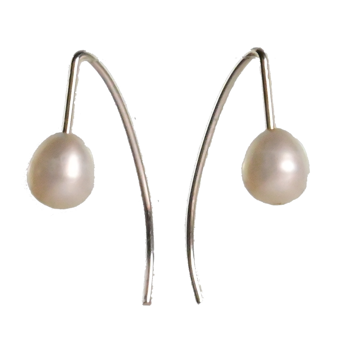 White pearls on long, curved silver-tone hook earrings