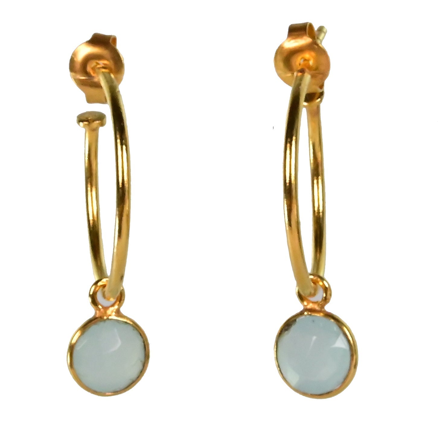 Euro Gold hoop earrings with a faceted aqua chalcedony drop