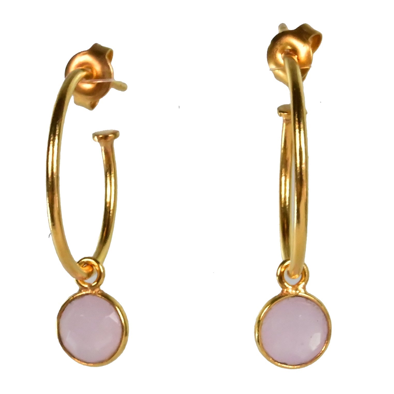 Euro Gold hoop earrings with a faceted rose quartz drop