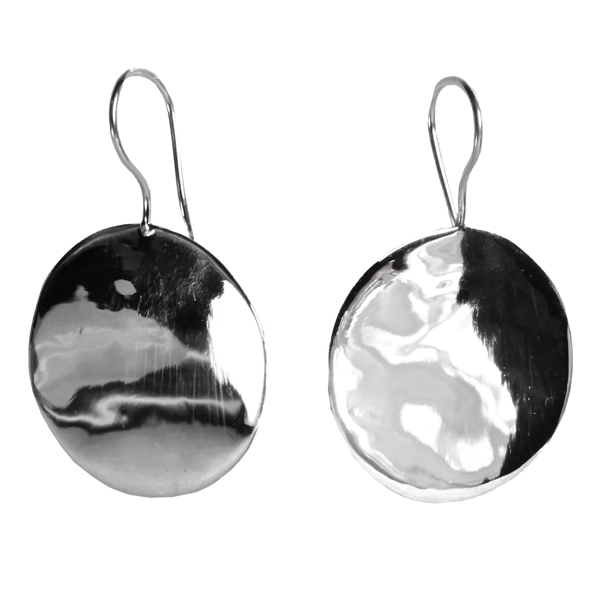 Round polished silver disc earrings with a rippled surface, on hooks