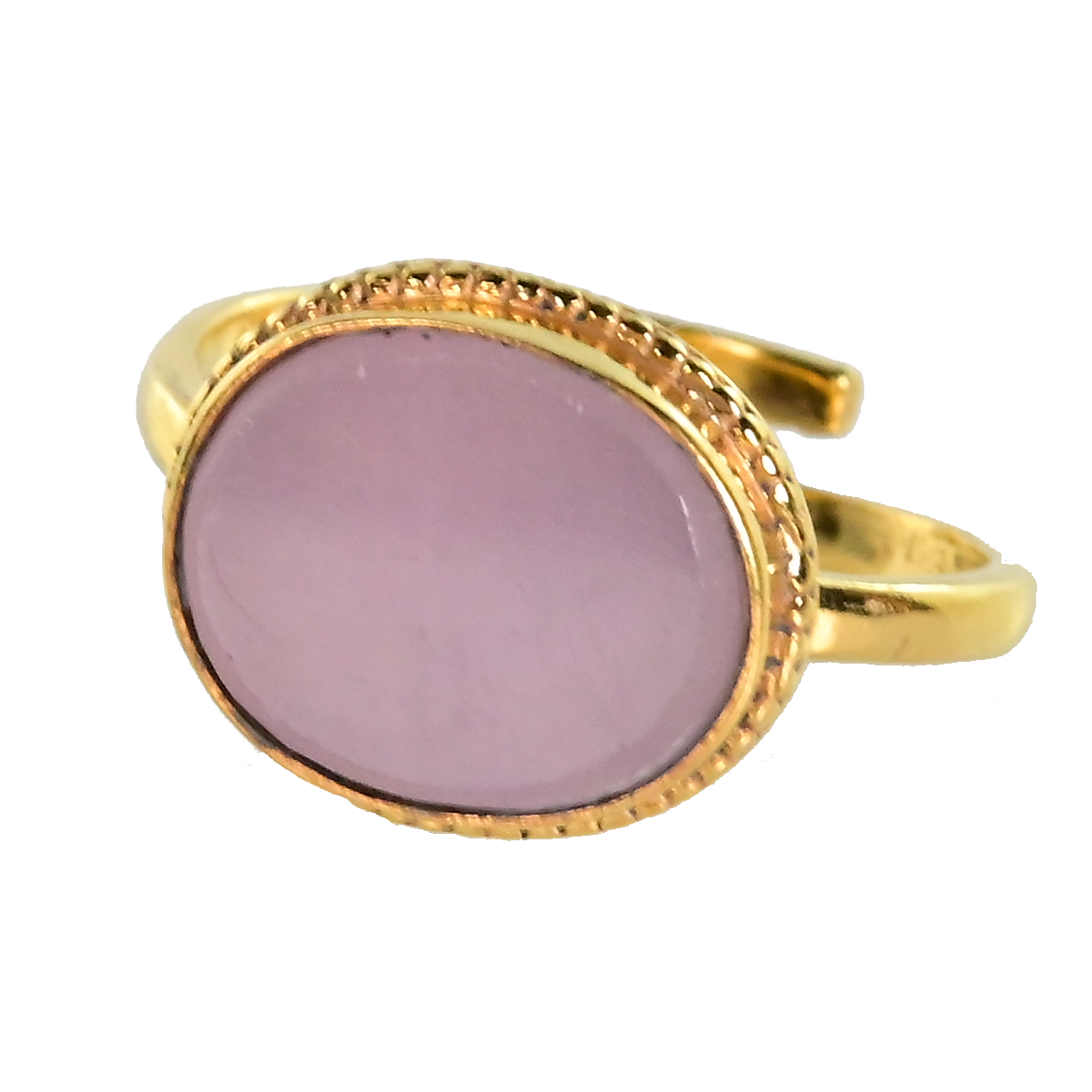 Gold ring with a smooth oval lilac-pink quartz in a beaded bezel