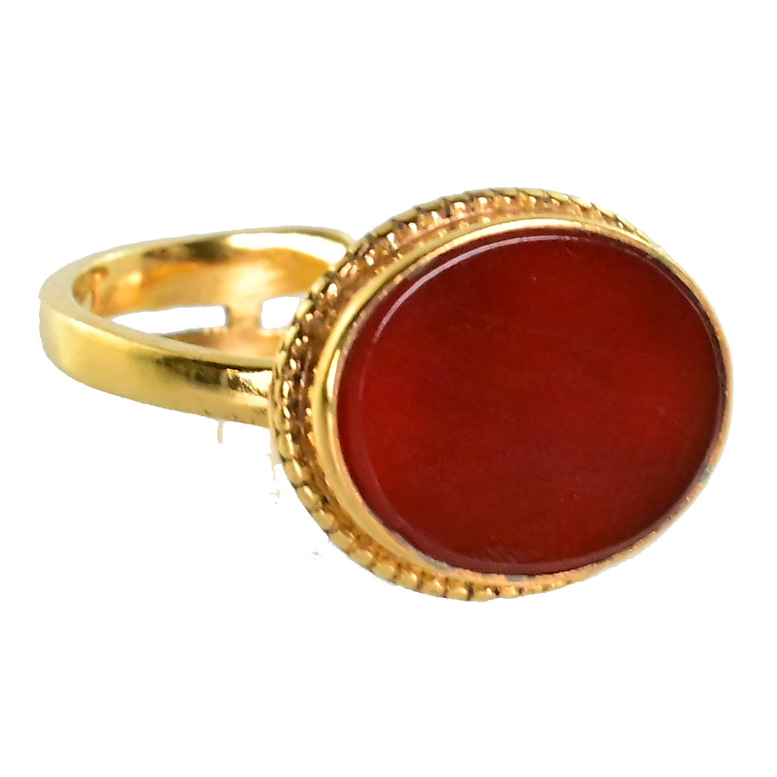 Gold ring with a smooth oval deep red carnelian in a beaded bezel