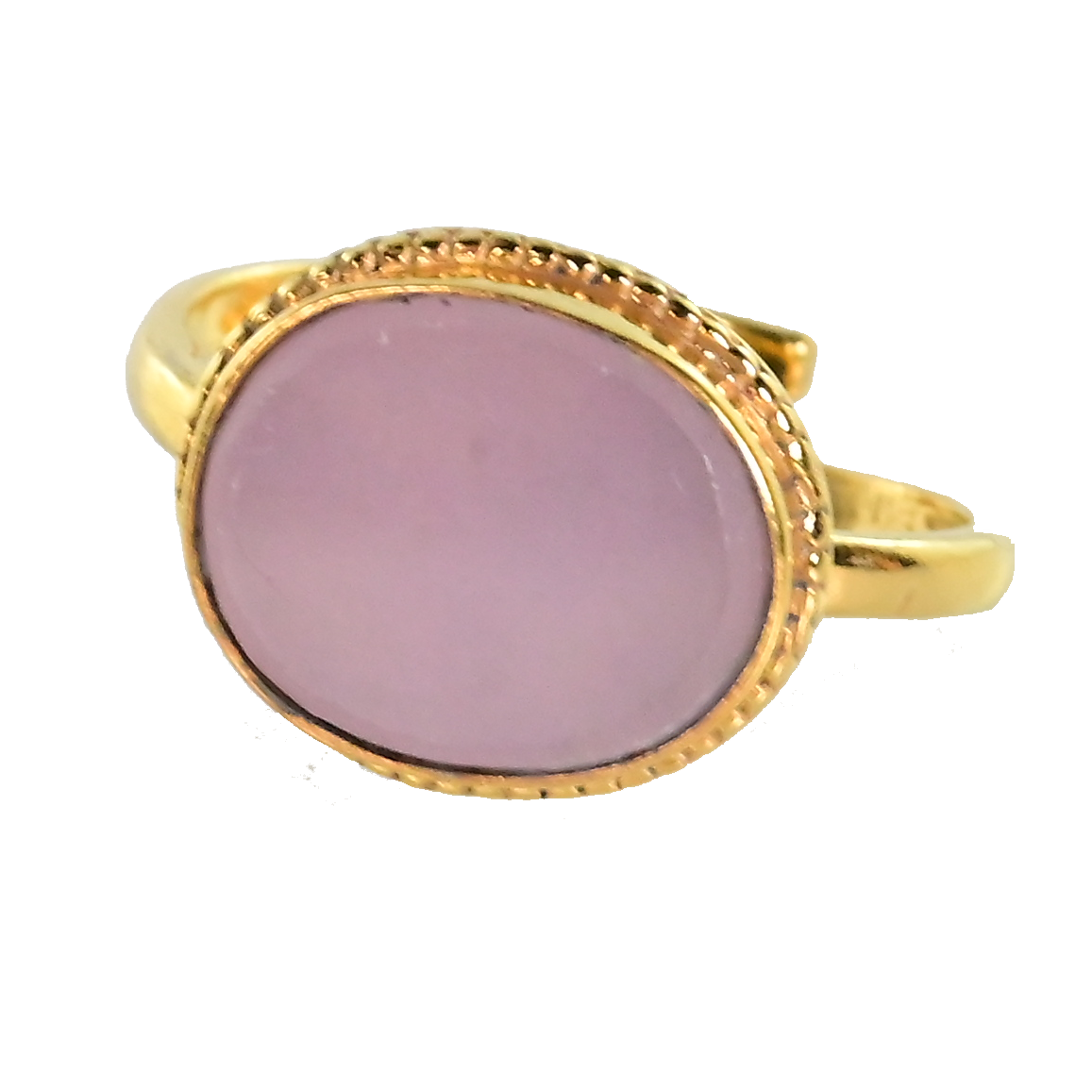Gold ring with a smooth oval soft lilac stone in a beaded bezel