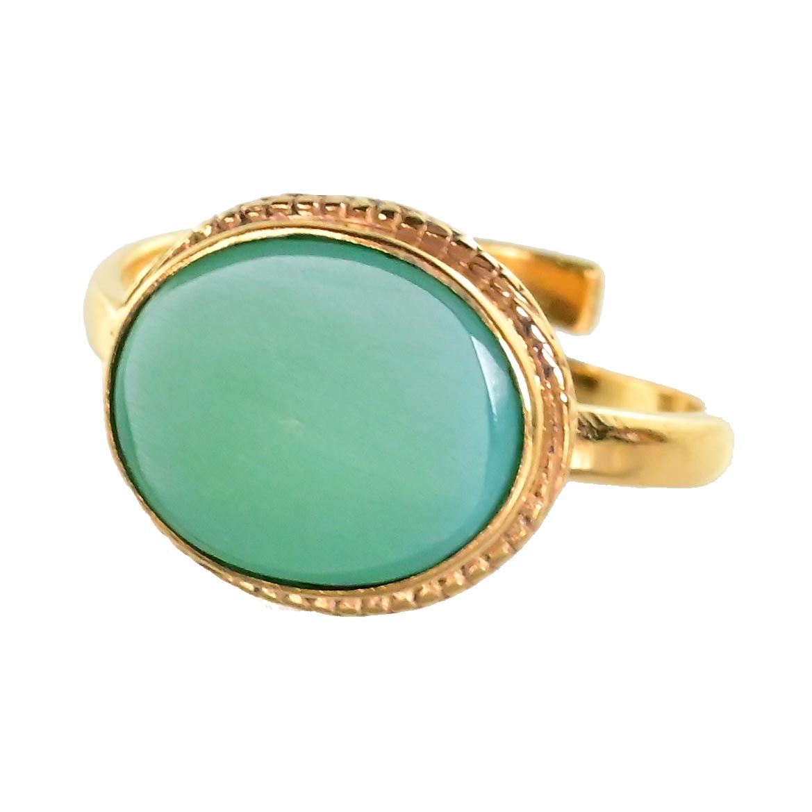 Gold ring with a smooth oval teal-green quartz in a beaded bezel