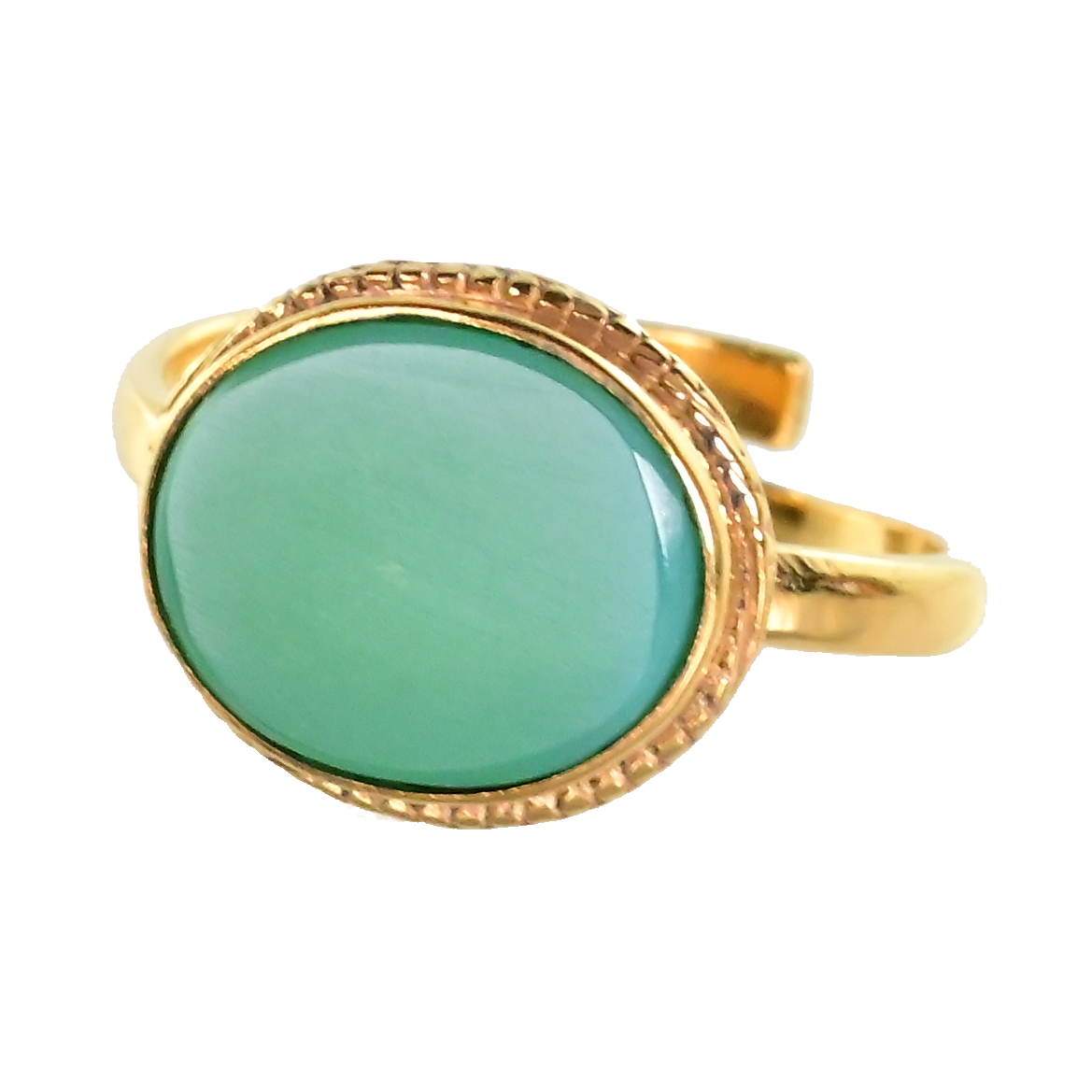 Gold ring with a smooth oval teal-green quartz in a beaded bezel
