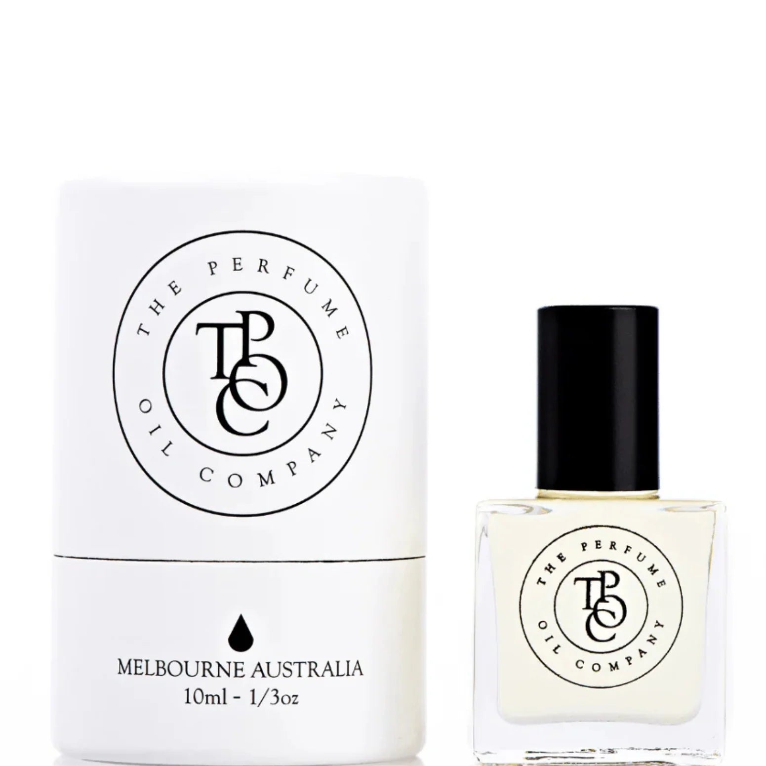 The Perfume Oil Company white gift cylinder beside a 10 ml bottle of perfume oil, studio lit on white