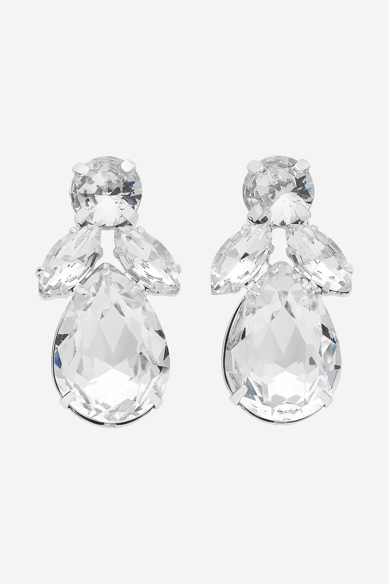 Silver statement earrings with tiered clear crystal drops.
