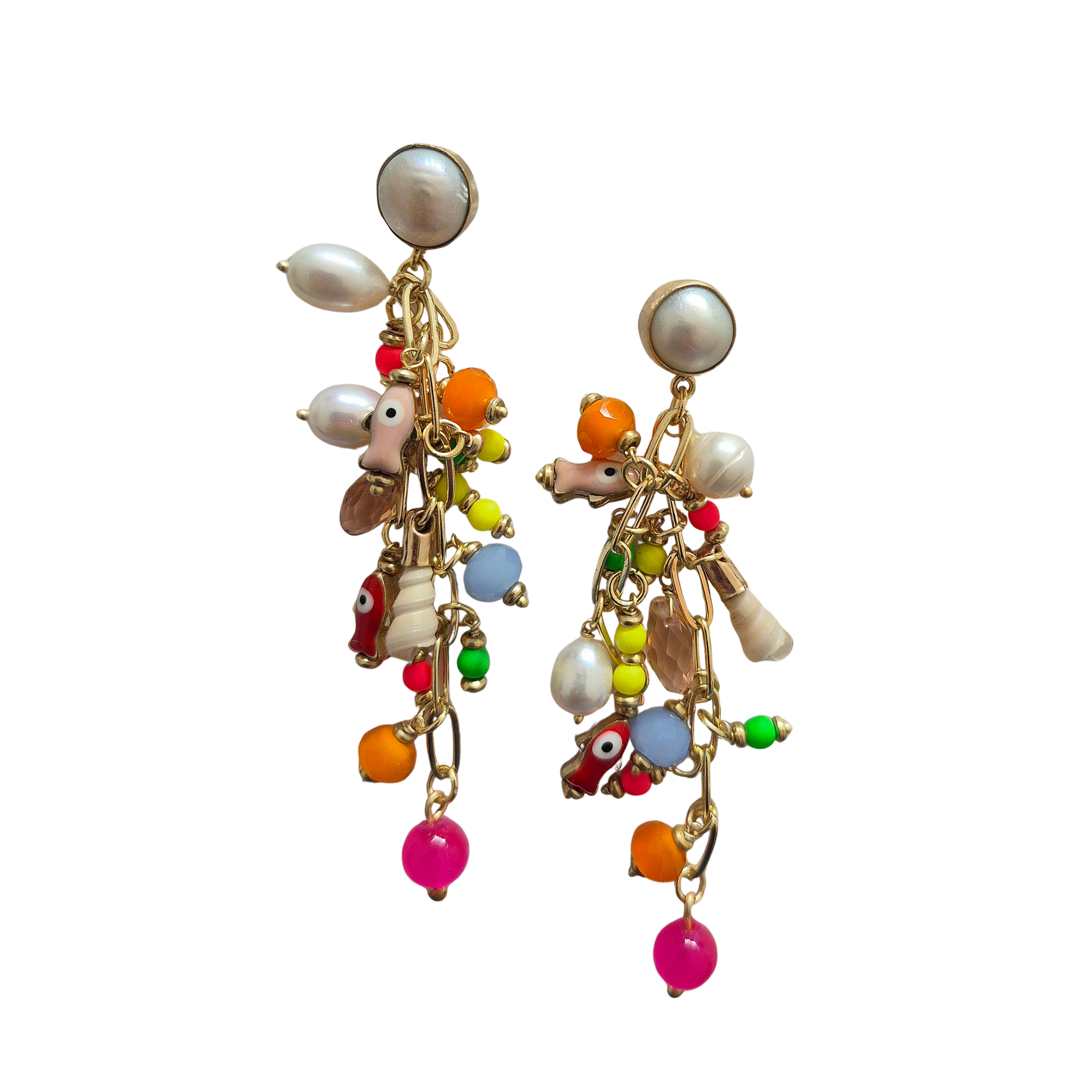 Pair of drop earrings with a pearl top and a cluster of small multicoloured beads and charms on gold chains.