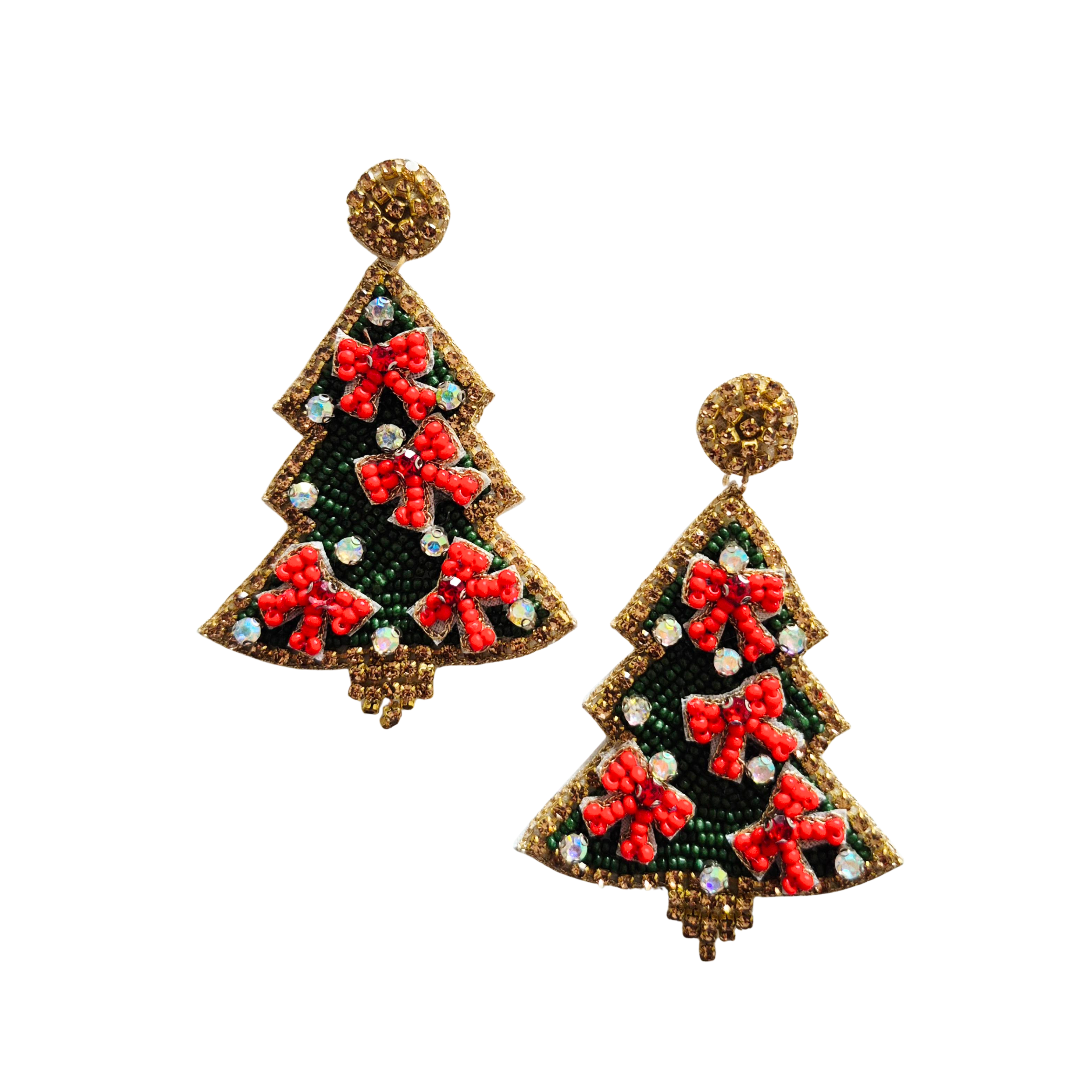 Pair of hand-beaded Christmas tree earrings in green and red with small bows and gold bead tops.