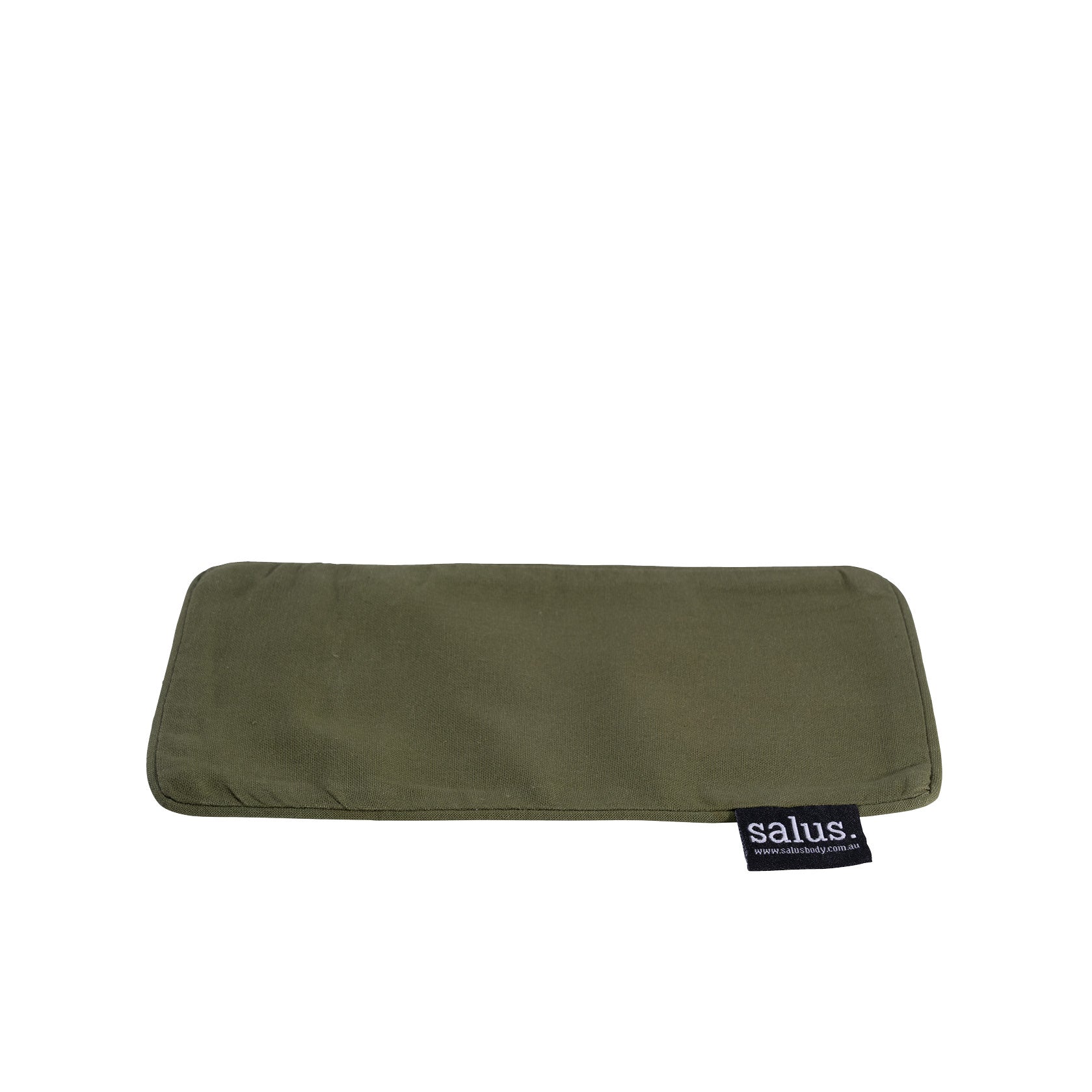 Flat view of the forest green Salus eye pillow with removable cover and Salus tag