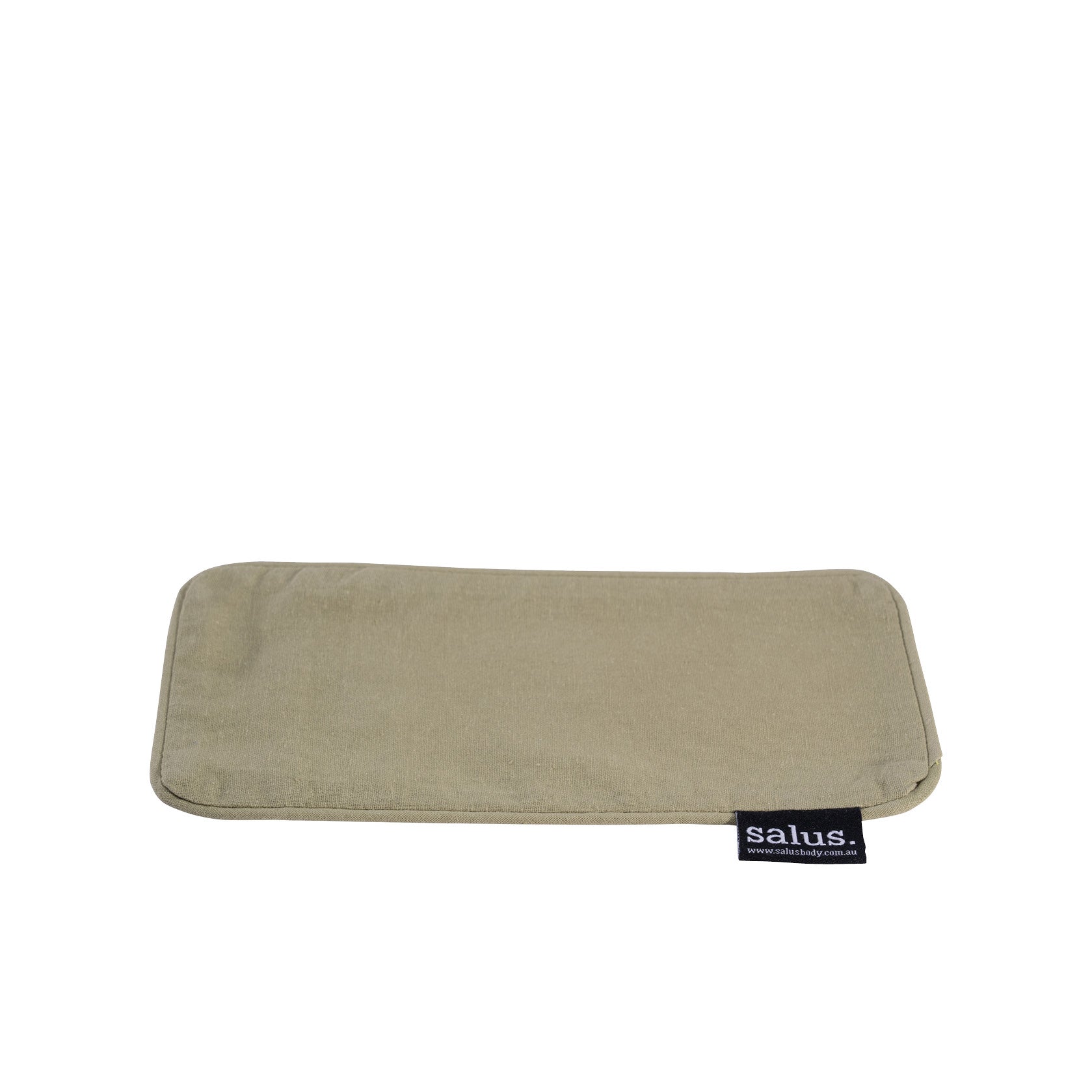 Flat view of the mint green Salus eye pillow with removable cover and Salus tag