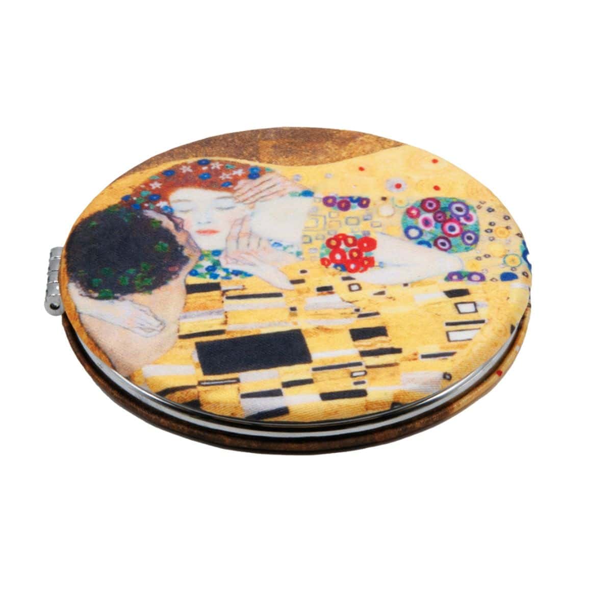 Folding pocket mirror with Klimt's The Kiss in gold tones.