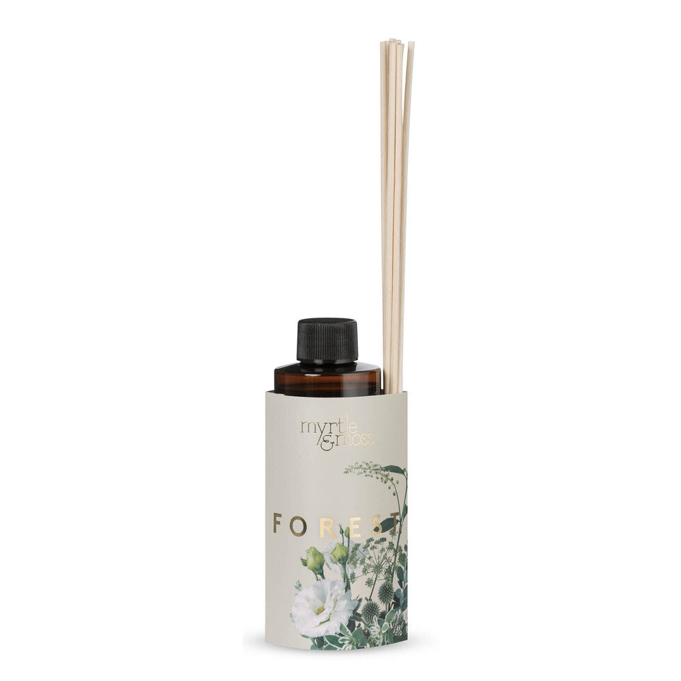 The Forest refill bottle in its botanical sleeve with rattan reeds, photographed on white.