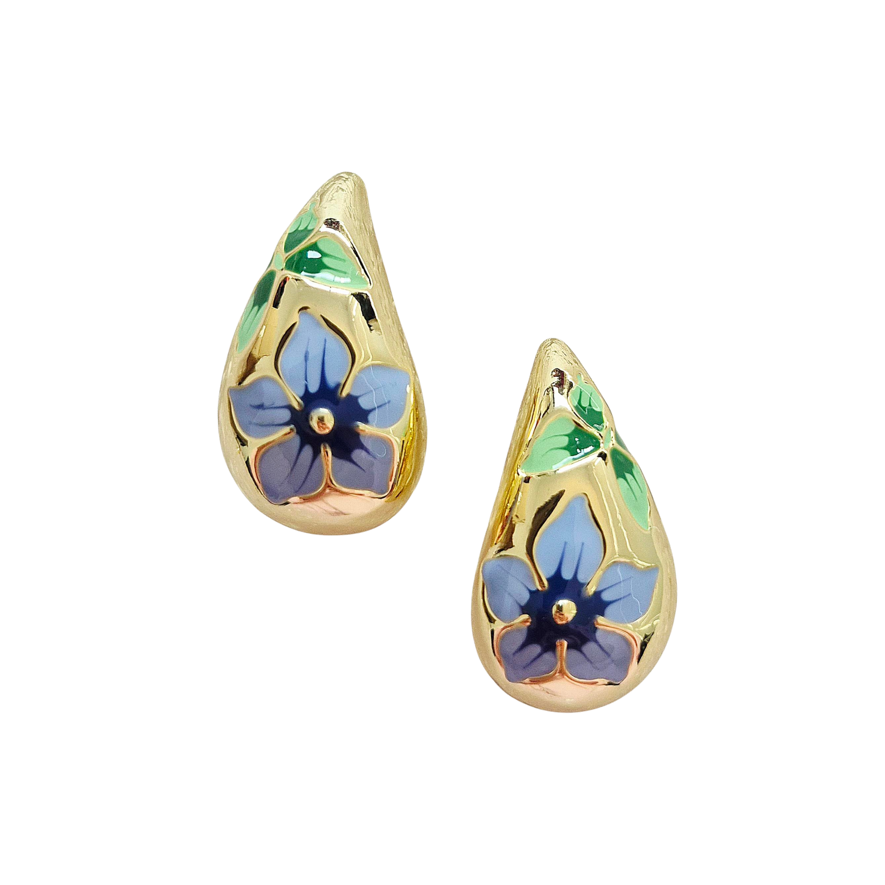 Pair of gold-tone teardrop dome earrings hand-painted with blue and green flowers.