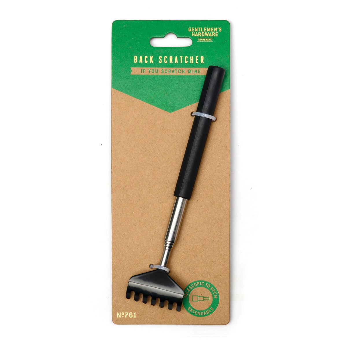 Telescopic back scratcher with a black handle and a metal rake head on a green and kraft Gentlemen's Hardware card