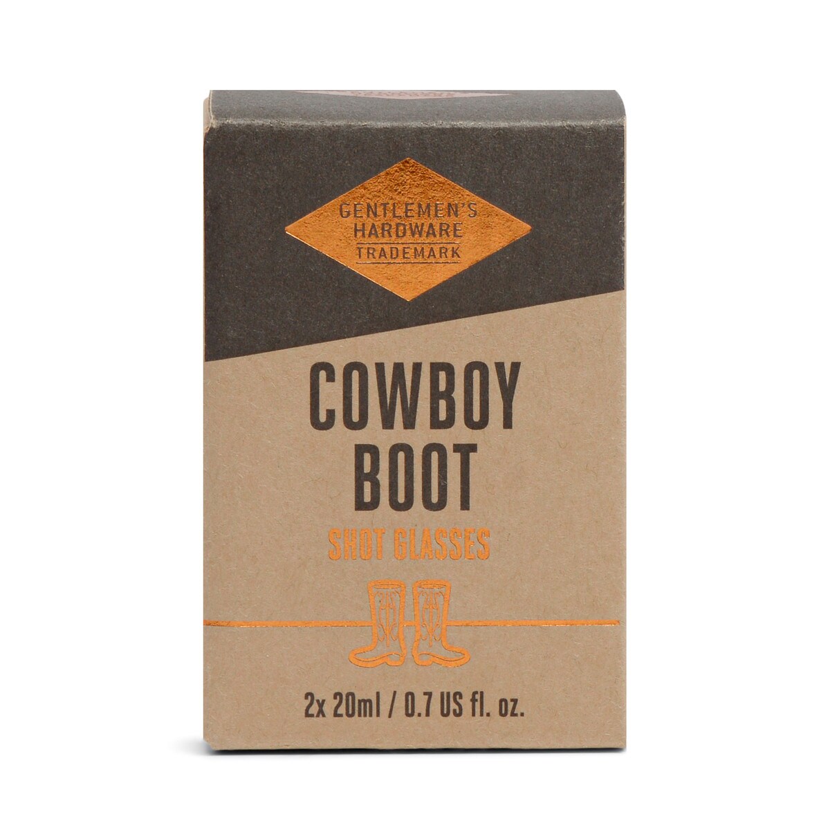 Kraft gift box for the Gentlemen's Hardware cowboy boot shot glasses, marked 2 x 20 ml