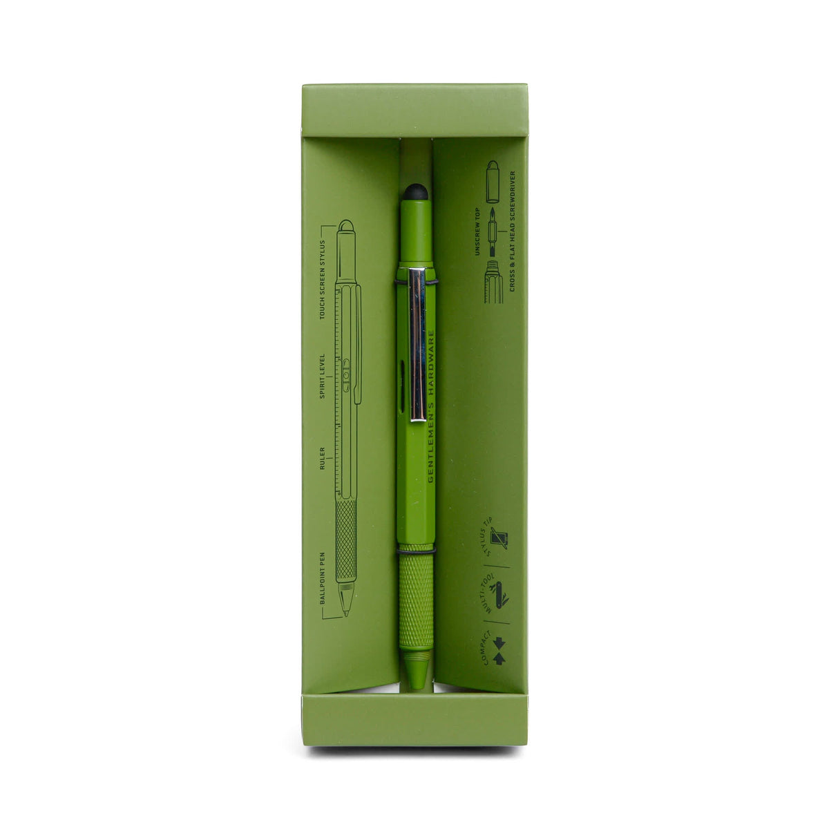 Olive green tooling pen in its open box tray, with the functions drawn inside the lid