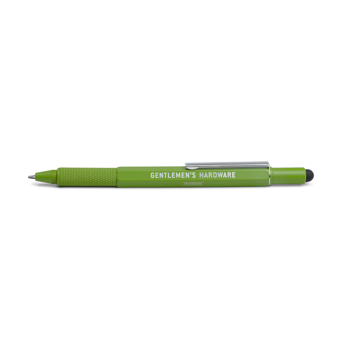 Olive green tooling pen with a silver clip and a black stylus tip, printed Gentlemen's Hardware