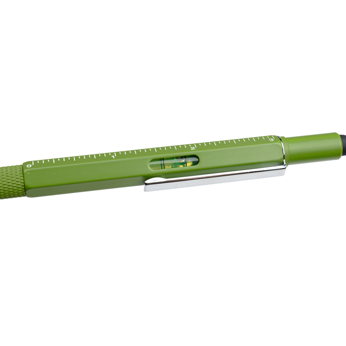 Close-up of the tooling pen's spirit level, ruler and silver clip