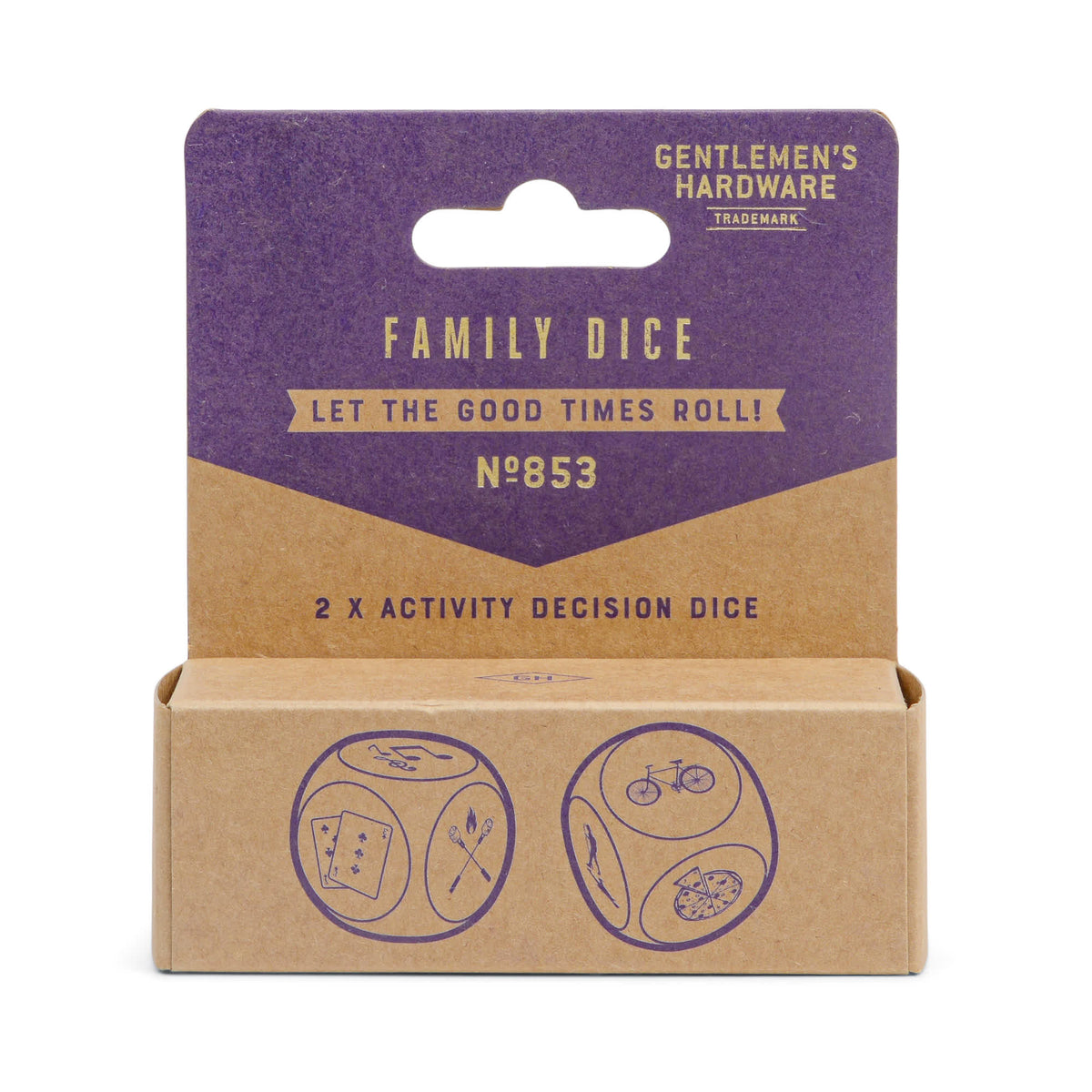 Family Dice in its cardboard package, printed with dice showing activity symbols.