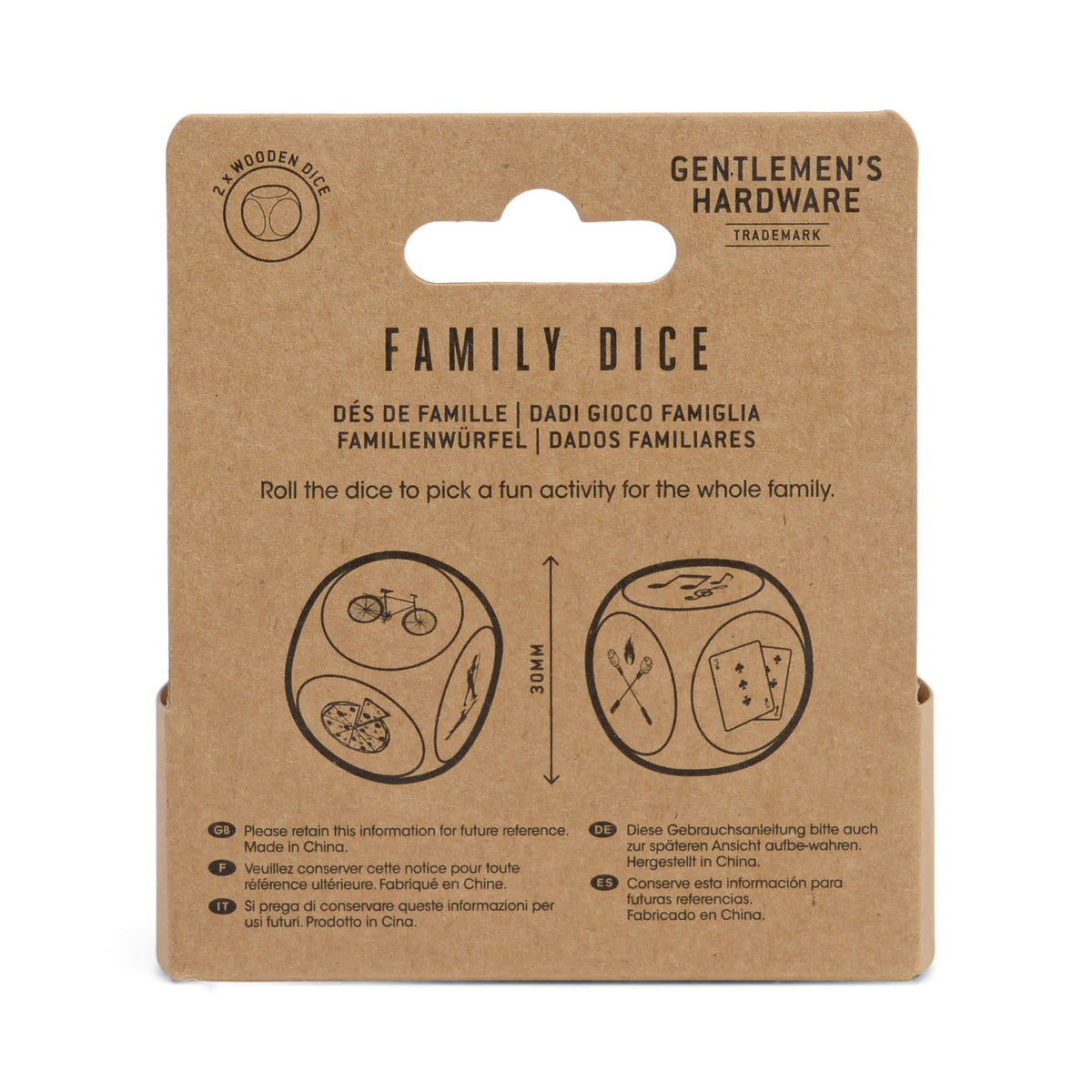 Family Dice in its cardboard package, printed with two illustrated wooden dice and instructions in several languages.