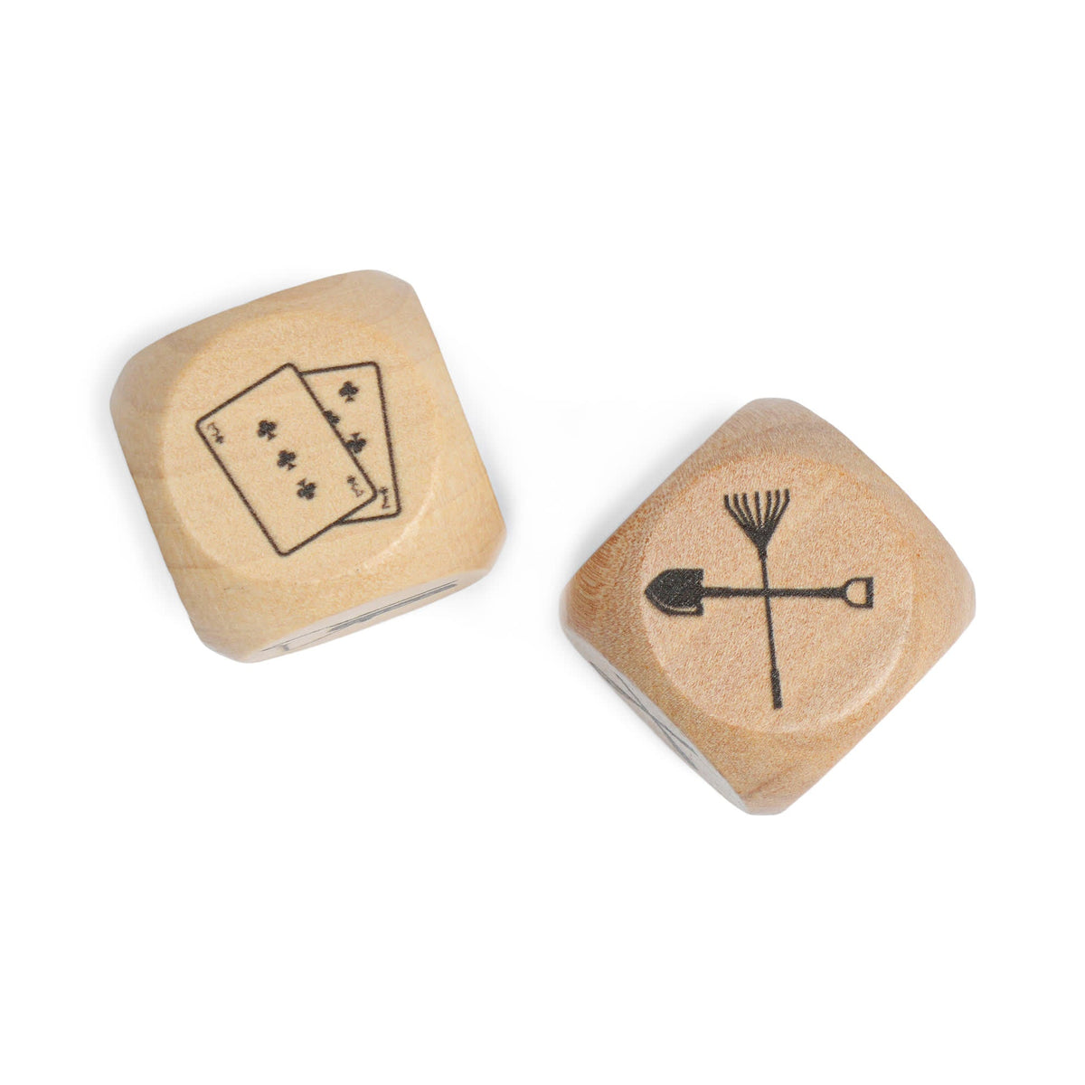 Family Dice includes two wooden dice, one showing playing cards and the other crossed gardening tools, on a white background.