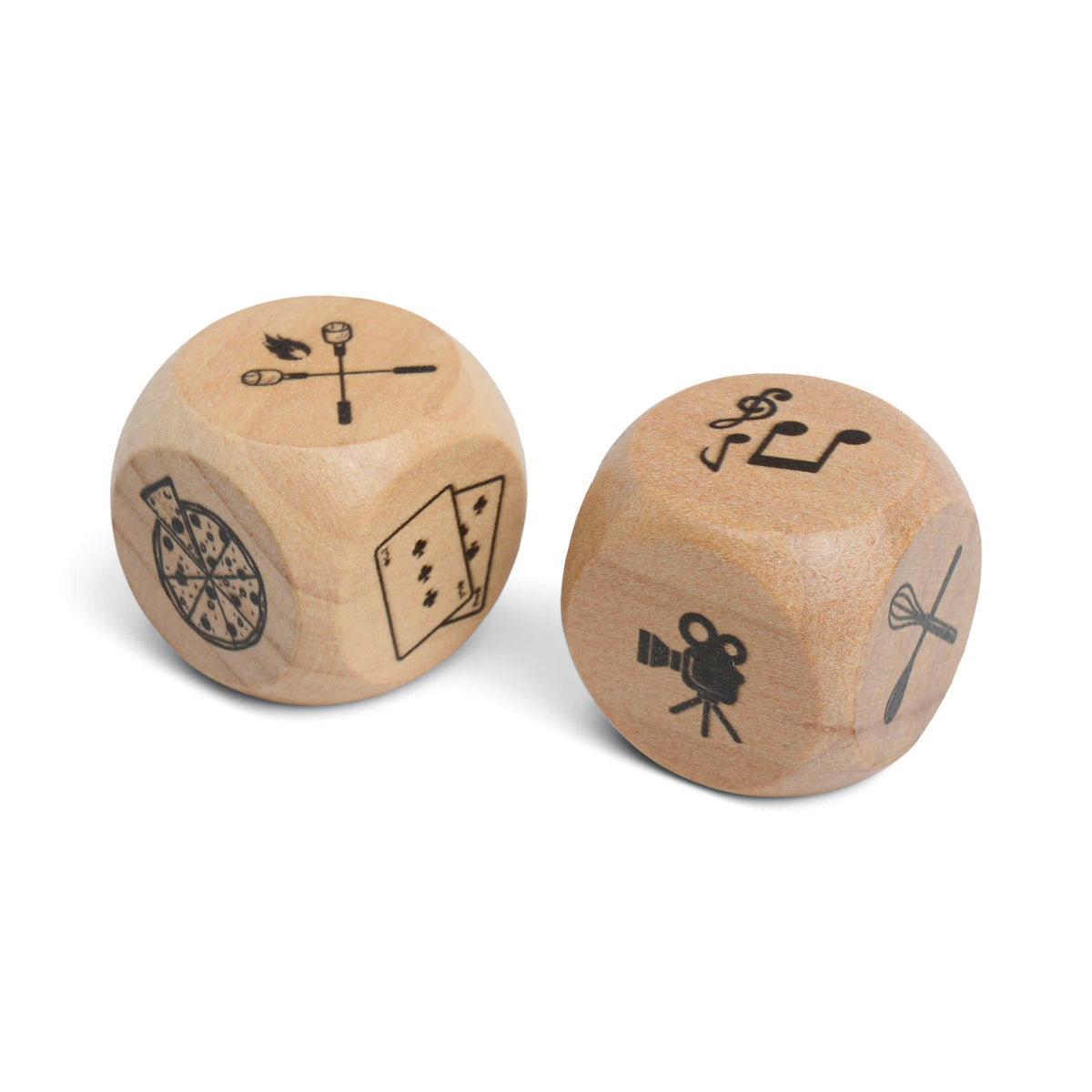 Family Dice: two wooden dice with icons such as pizza, playing cards, a movie camera and a musical note.