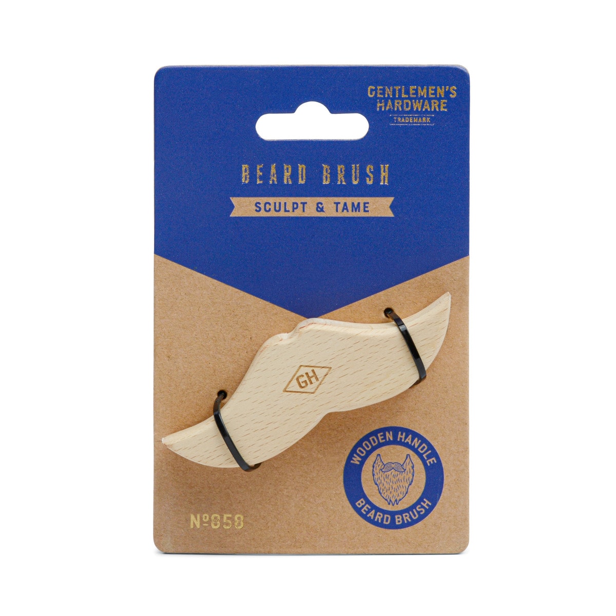 Moustache-shaped wooden beard brush on a blue and kraft Gentlemen's Hardware card reading Beard Brush, Sculpt and Tame