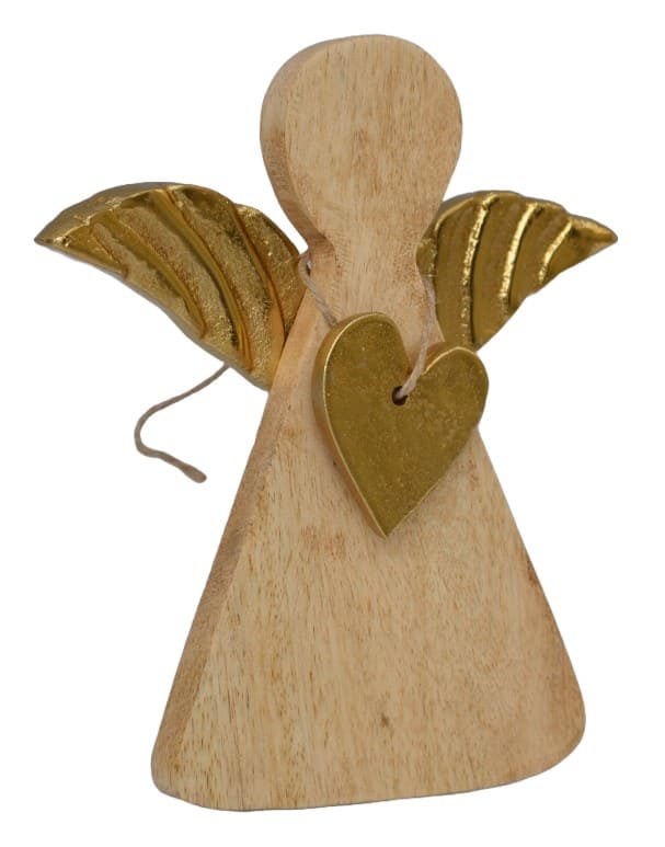 Angled view of the Gaberial wooden angel showing gold wings and hanging heart detail