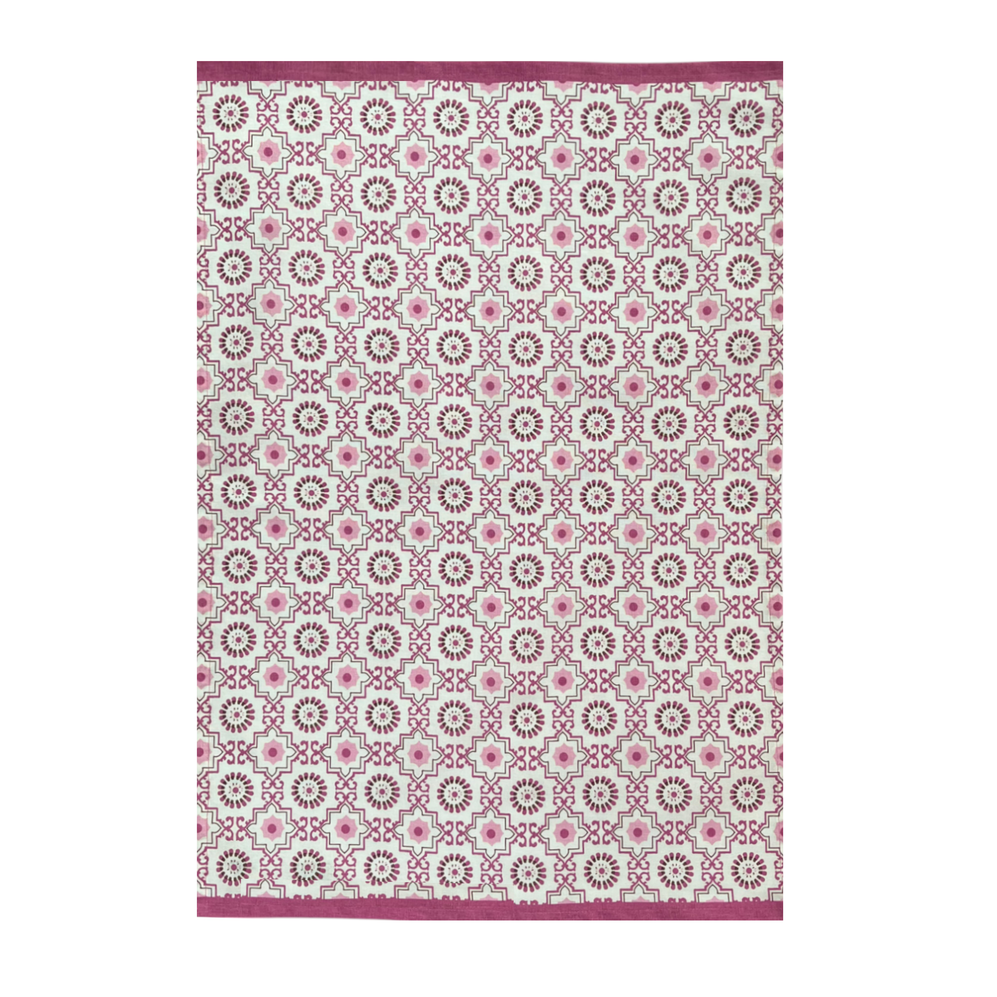 Geobloom tea towel in a pink and white geometric tile print