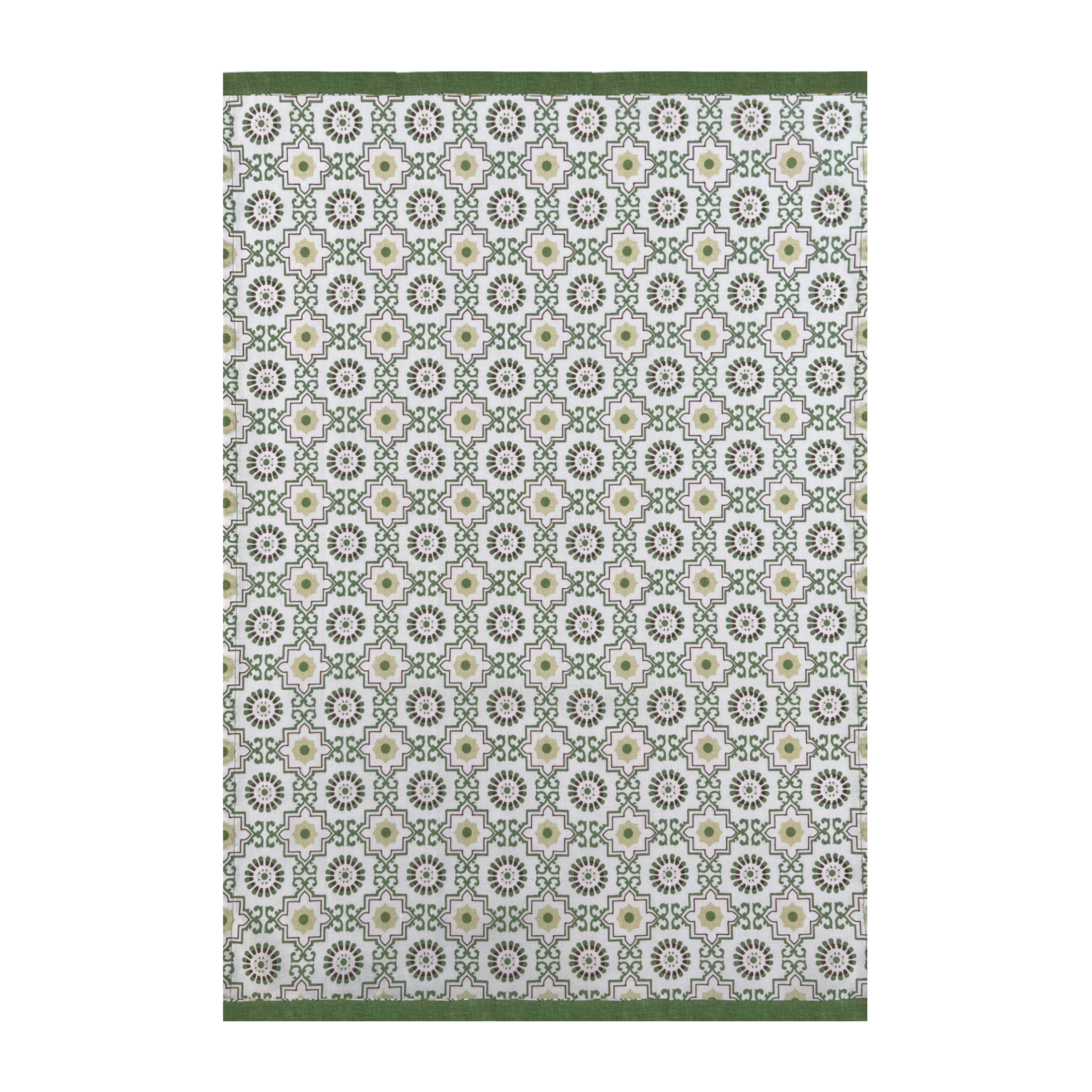 Geobloom tea towel in a green and yellow geometric tile print