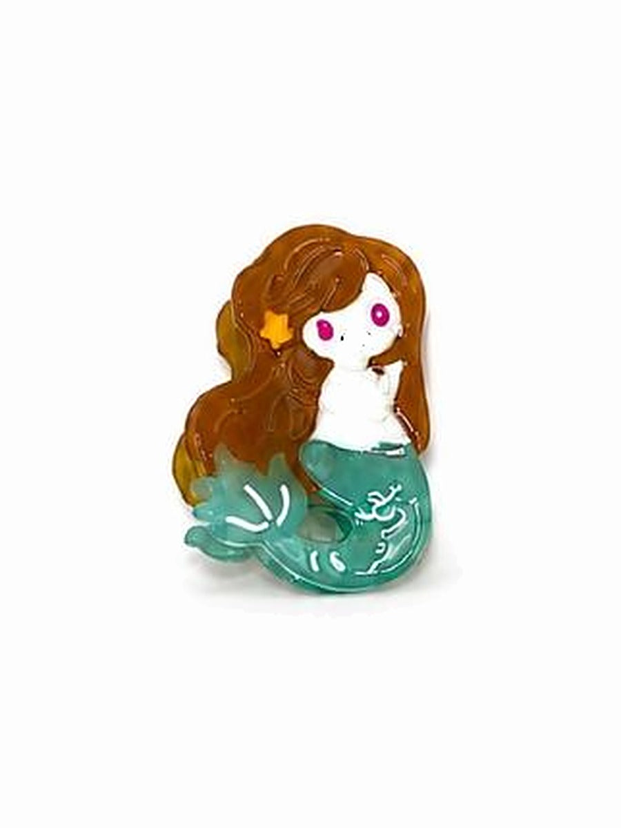 Mermaid mini hair clip: long brown hair and a teal tail