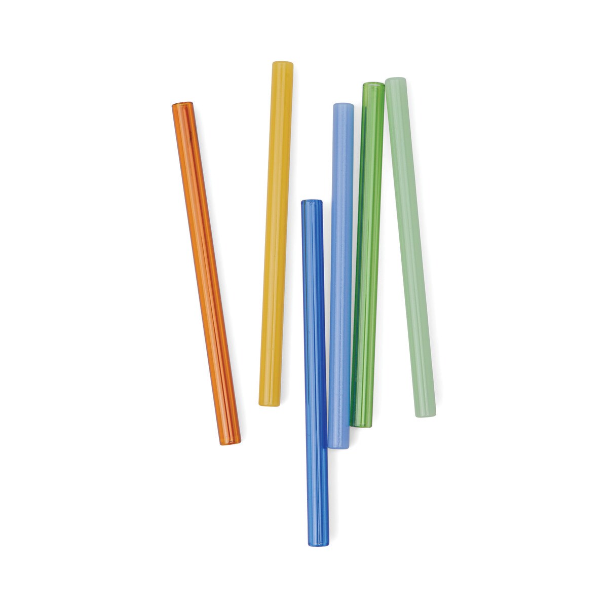 Six short glass straws laid out loosely: orange, yellow, pale blue, cobalt, green and mint.