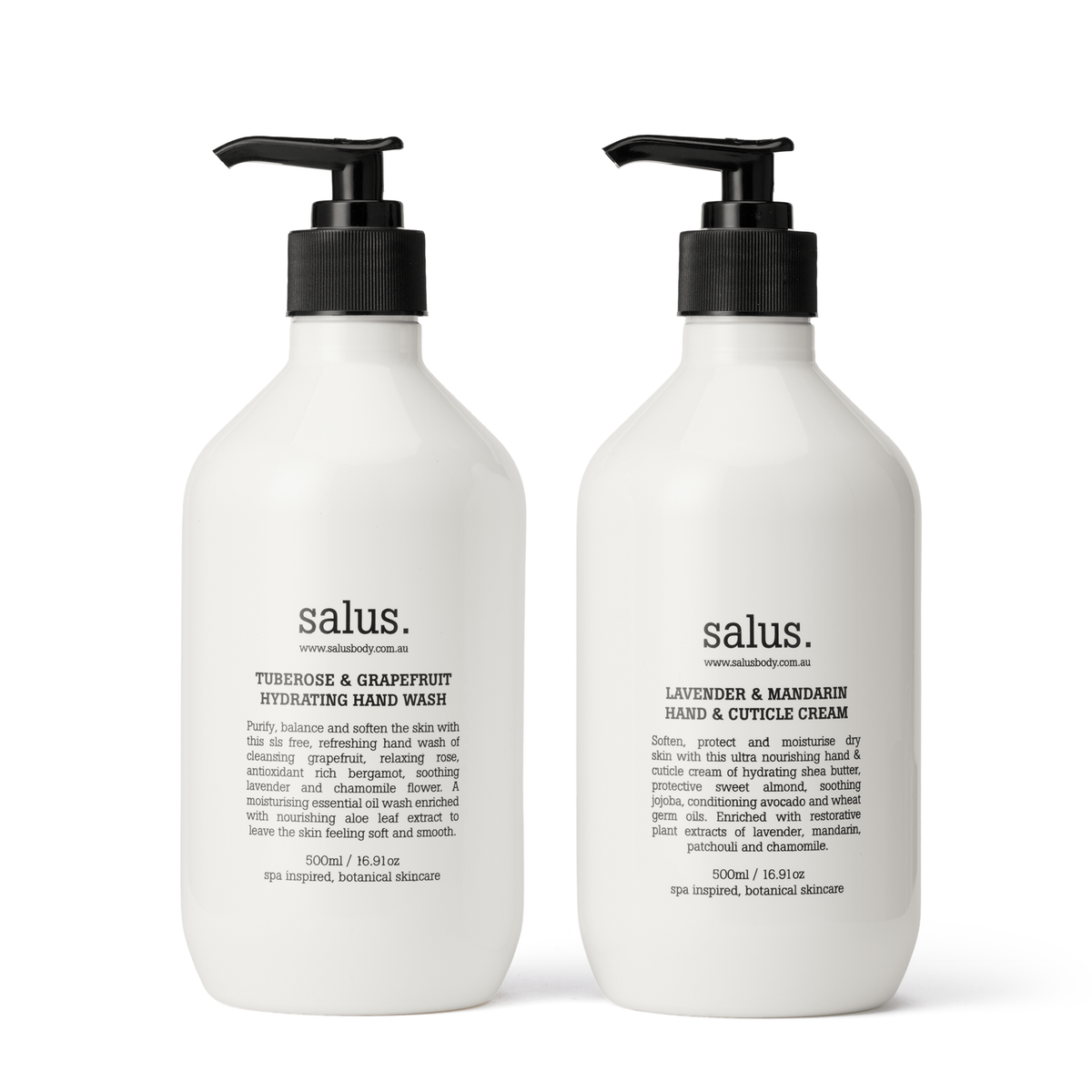 The two 500ml white pump bottles inside: Salus Tuberose & Grapefruit Hydrating Hand Wash and Lavender & Mandarin Hand & Cuticle Cream