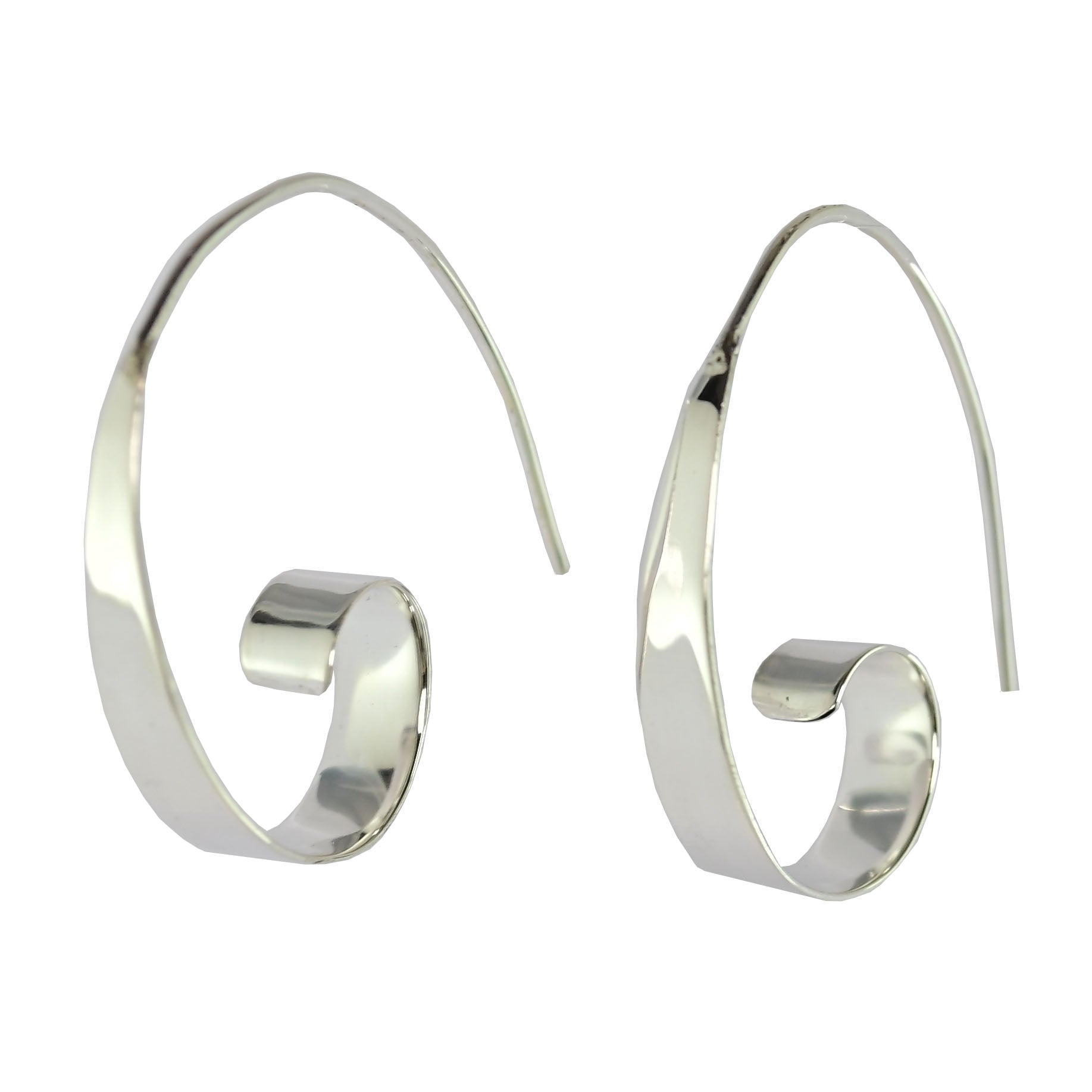 Polished sterling silver curl hoop earrings with spiral ribbon design
