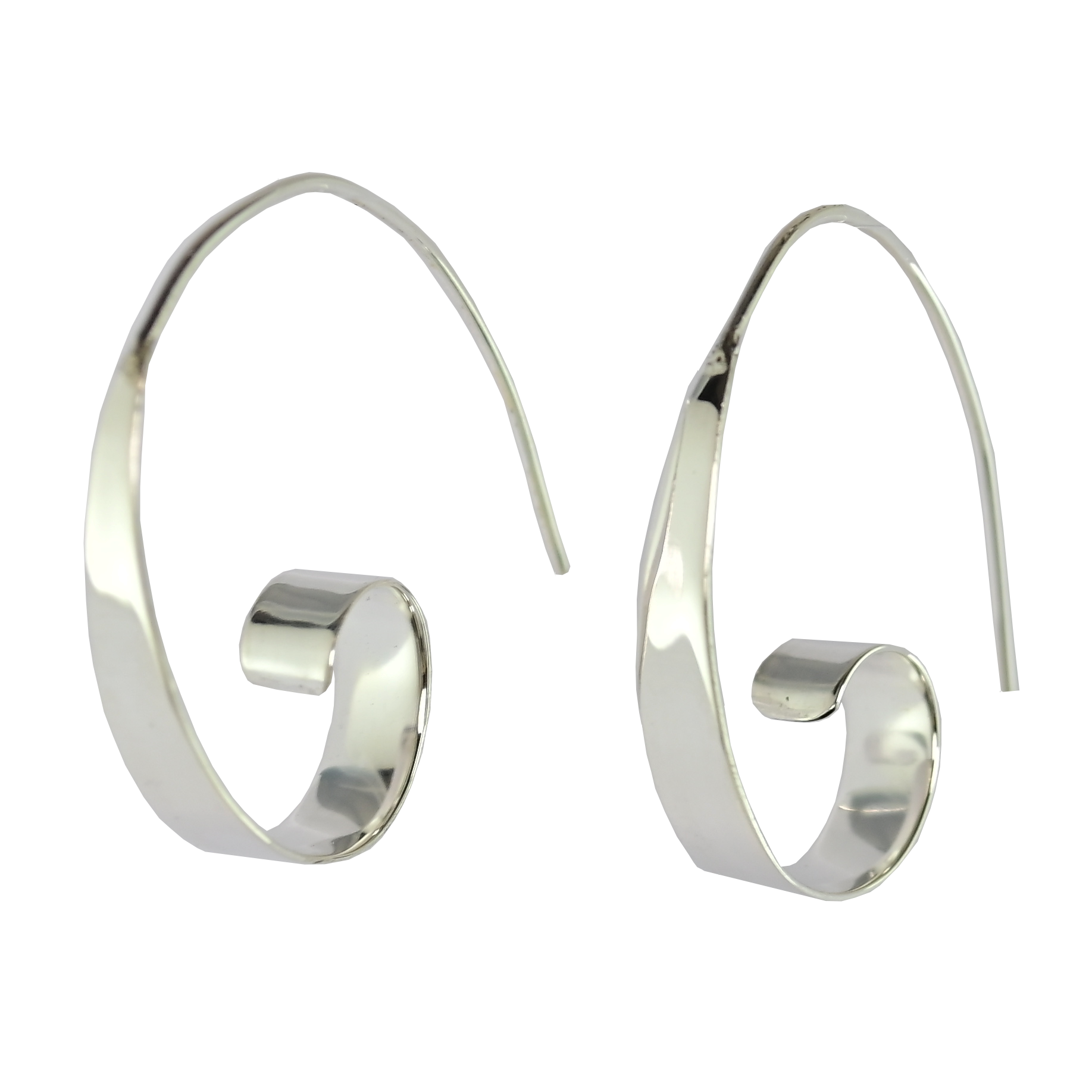 Sterling silver spiral curl hoop earrings on black background