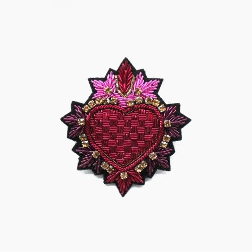 Embroidered sacred heart brooch in raspberry red with fuchsia pink flames at the top
