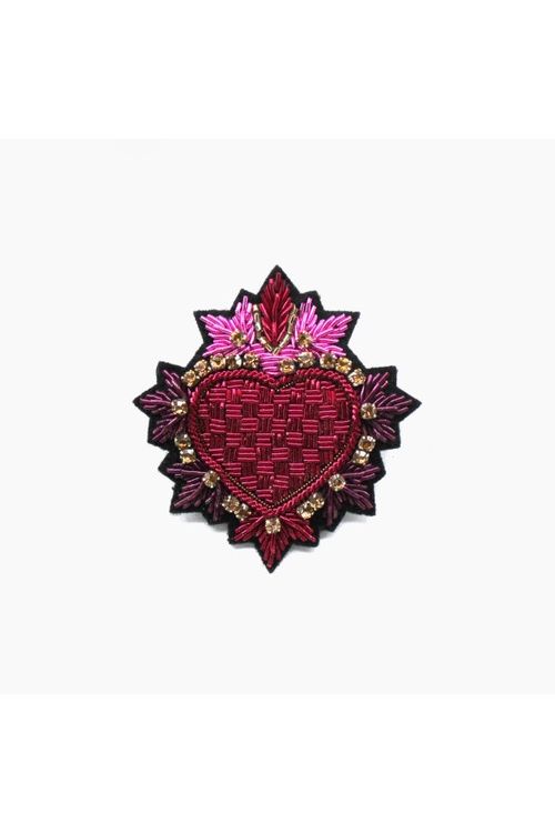 Embroidered sacred heart brooch in raspberry red with fuchsia pink flames at the top