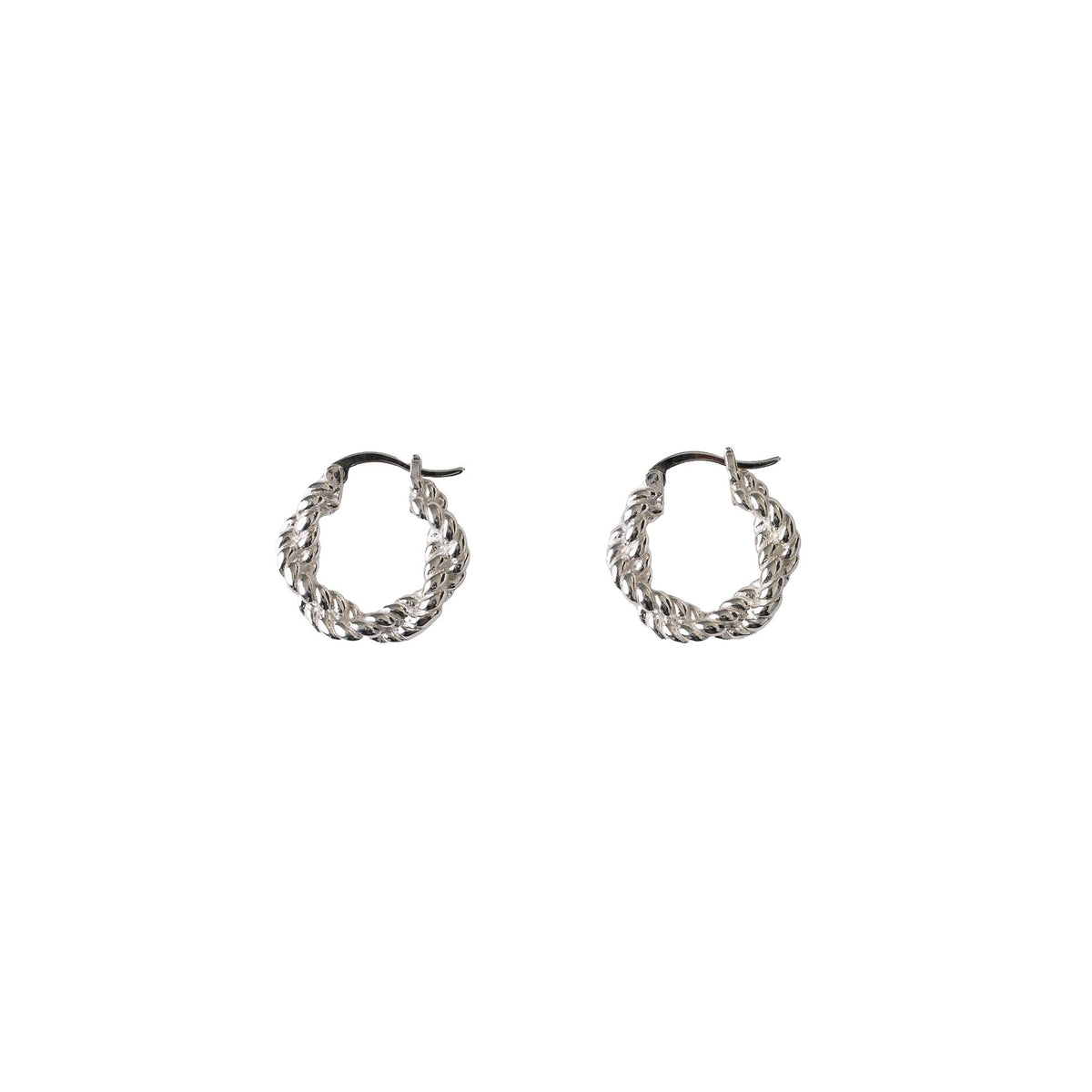 Stevie twisted silver hoop earrings side by side on a white background