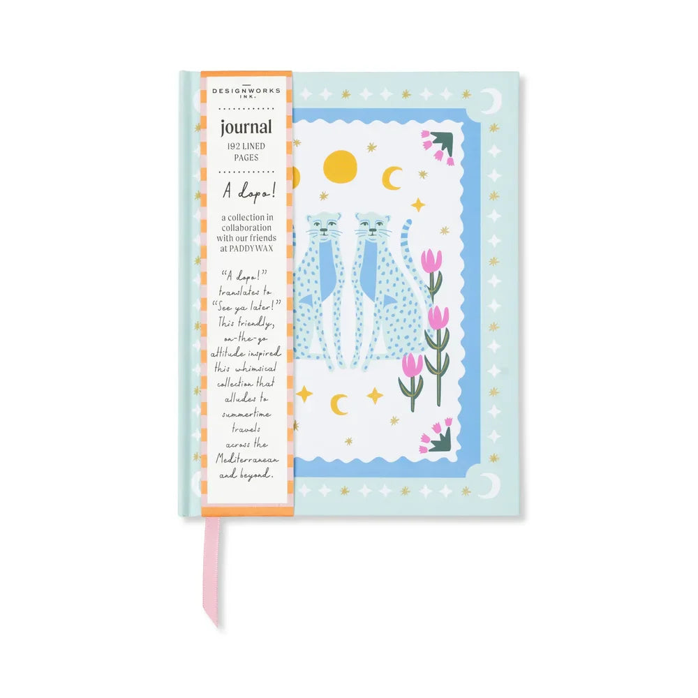 A Dopo journal with two pale blue cheetahs and pink tulips, wrapped in its striped paper belly band
