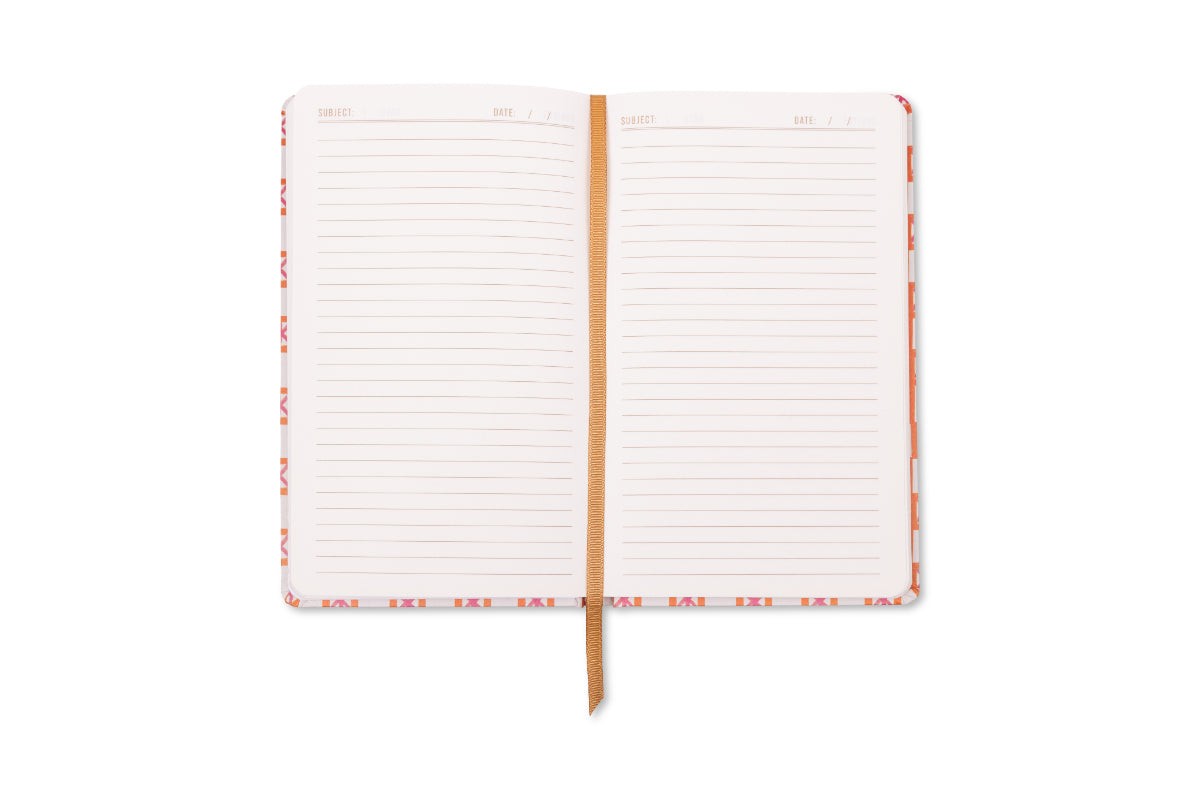 The journal open to lined pages with a subject and date line