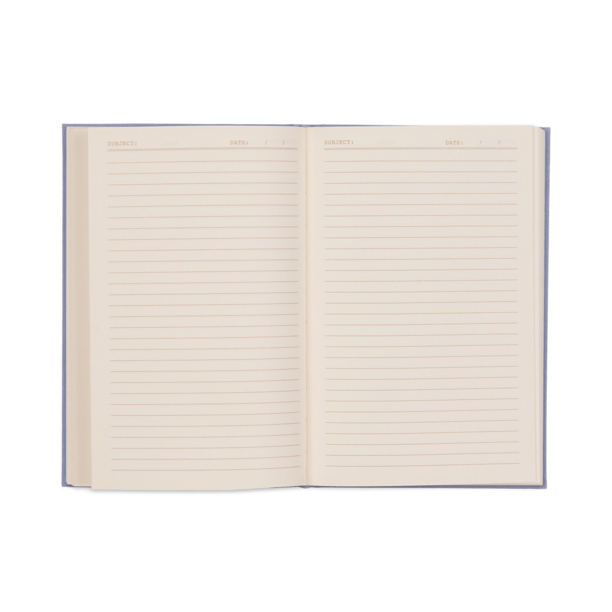 The journal open to its lined ivory pages