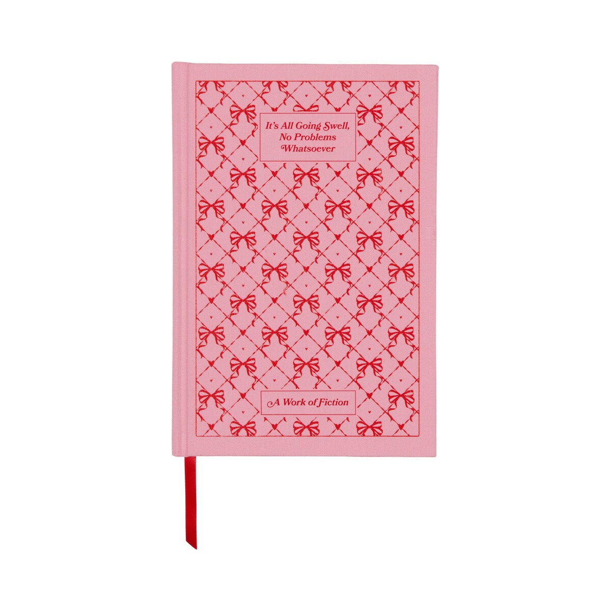 Pink journal patterned with red bows, titled It's All Going Swell, with a red ribbon marker