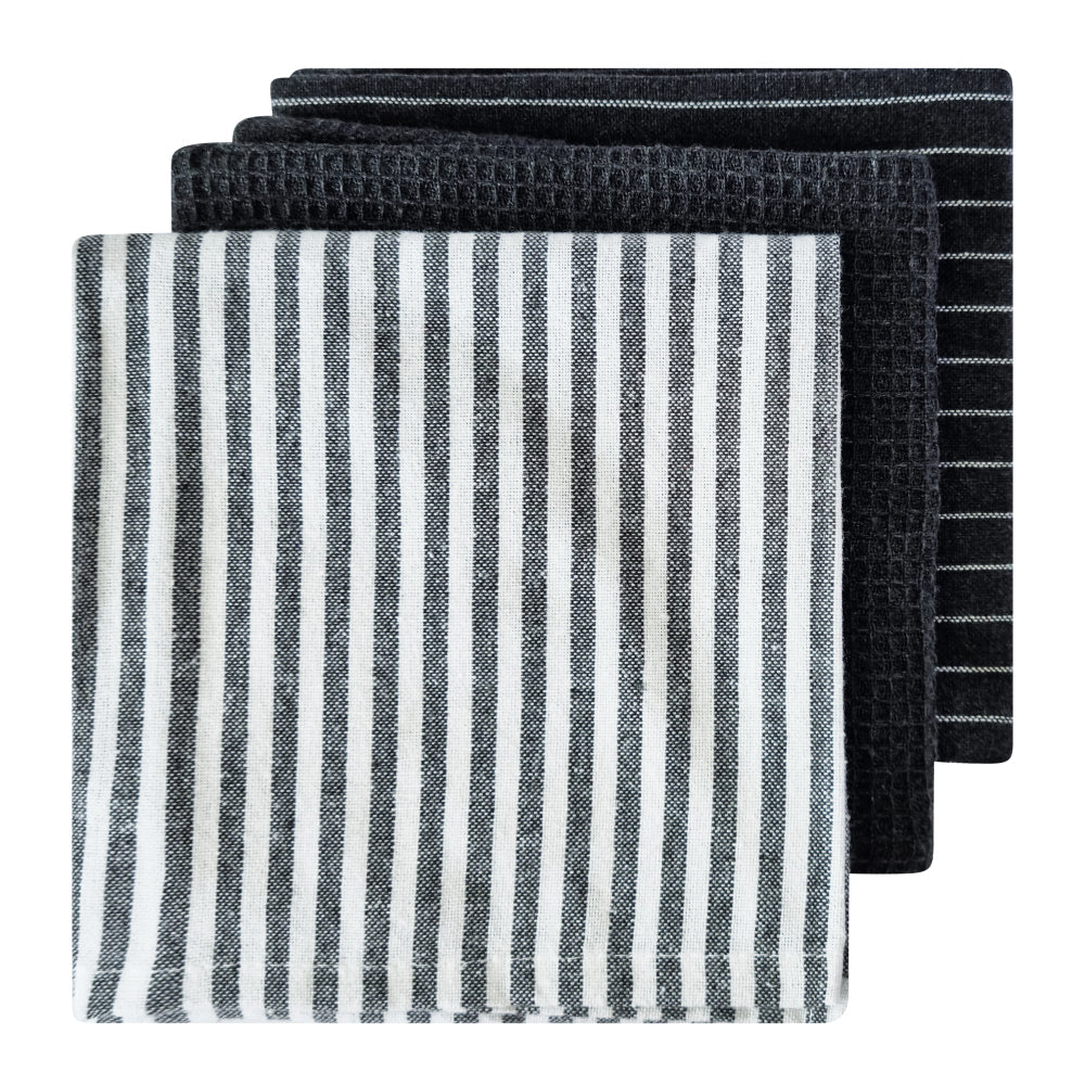 Katerina charcoal set fanned out showing stripe, waffle and pinstripe weaves